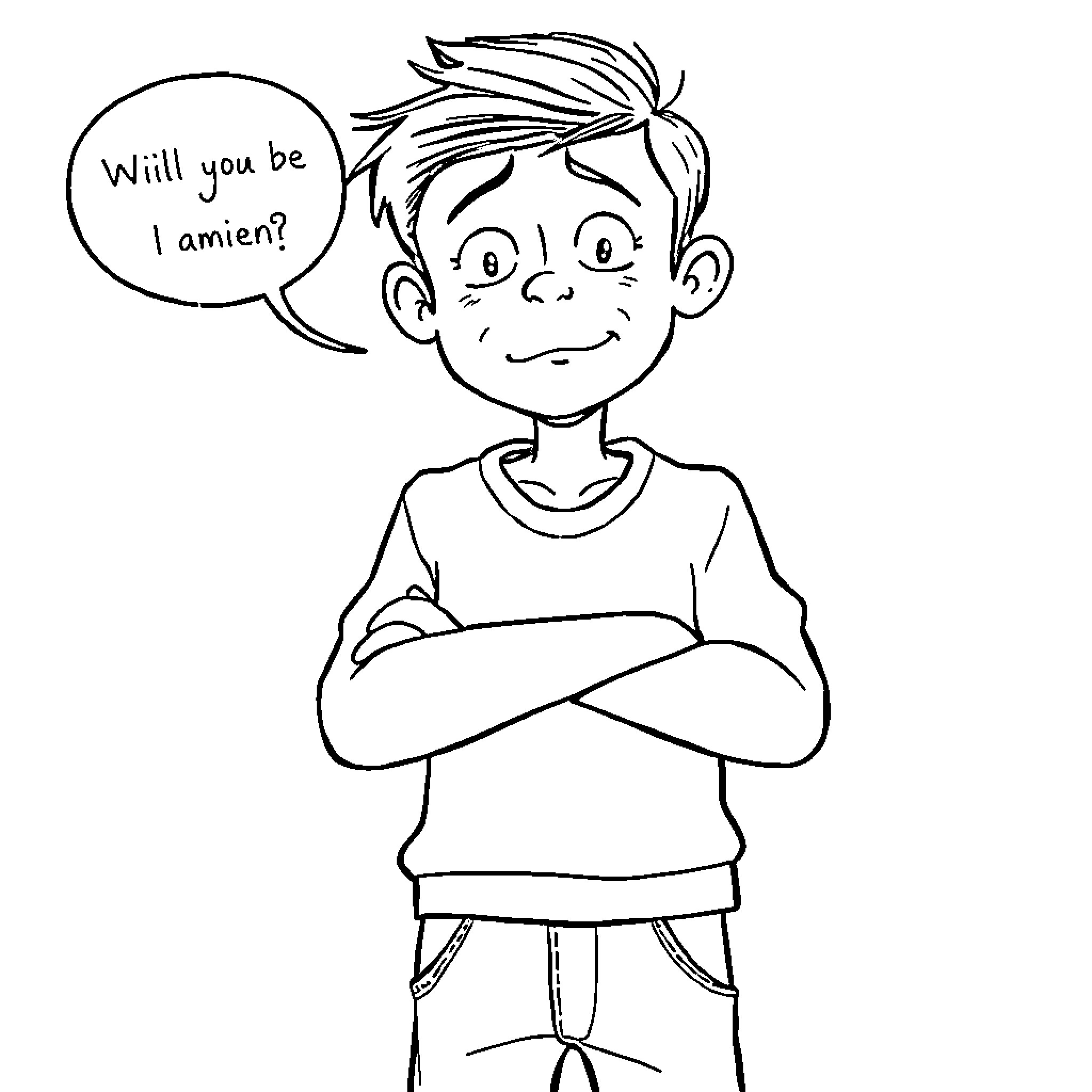 Girlfriend asks boy a question with a smile Coloring Page (free black-and-white line drawing printable PDF for all, from beginners to advanced learners, including children, teens, adults, and seniors)