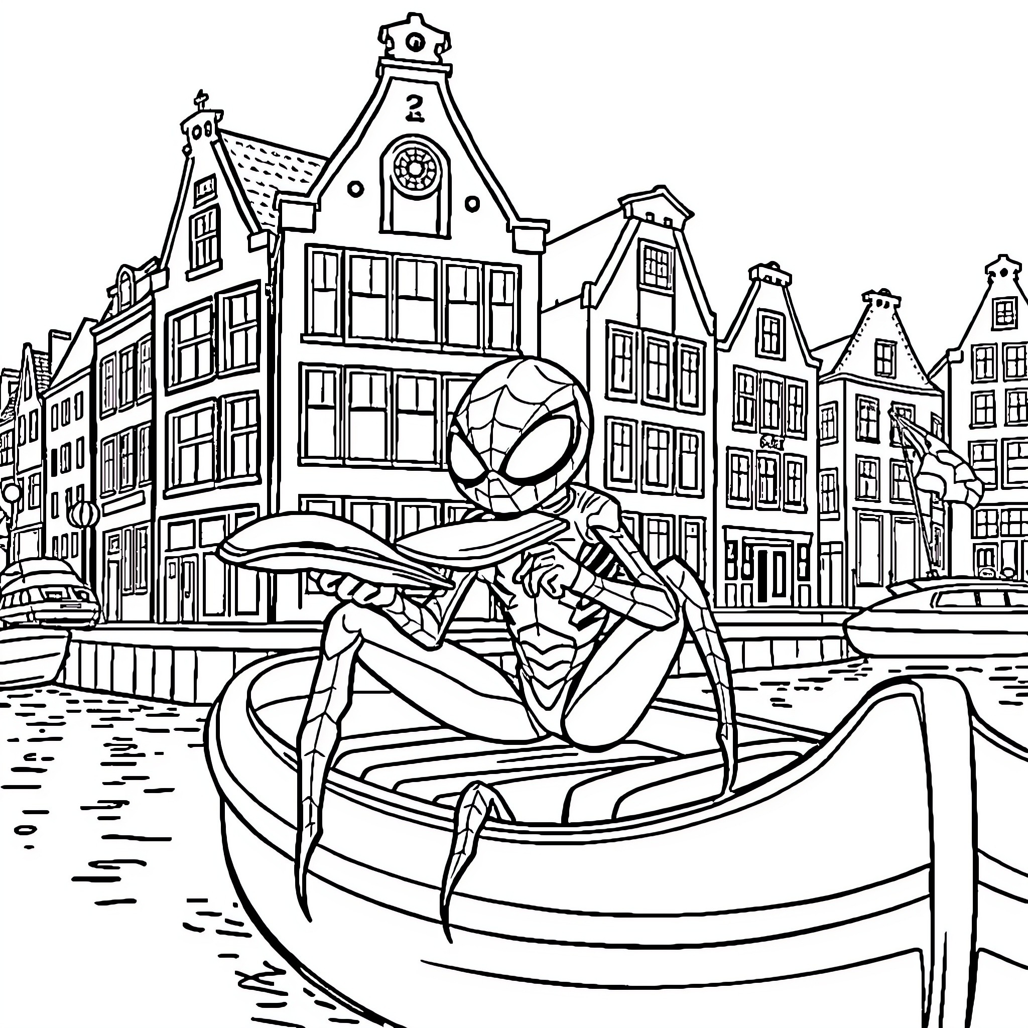 Spider-themed superhero exploring city canals Coloring Page (free black-and-white line drawing printable PDF for all, from beginners to advanced learners, including children, teens, adults, and seniors)