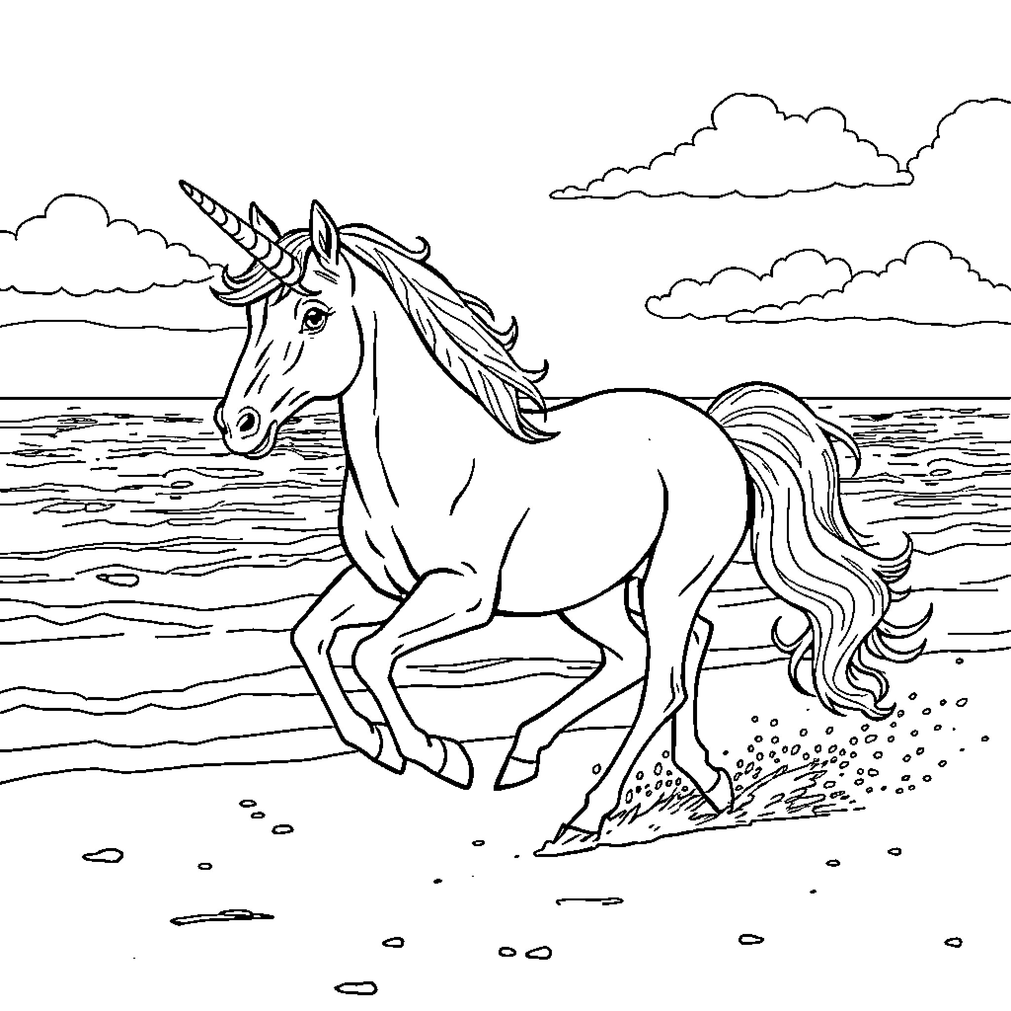 Unicornio running gracefully along the beach Coloring Page (free black-and-white line drawing printable PDF for all, from beginners to advanced learners, including children, teens, adults, and seniors)