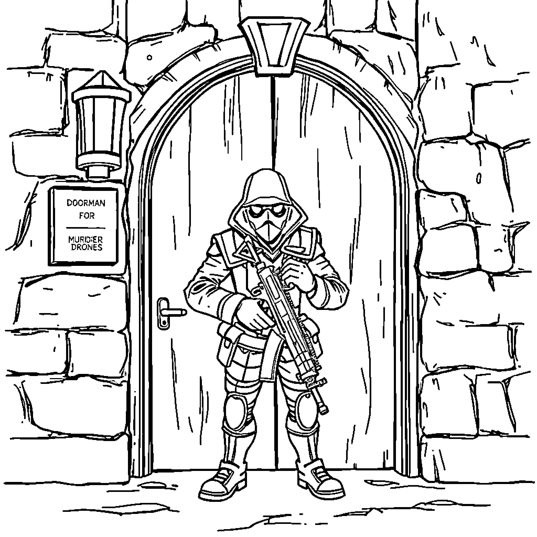 Uzi-armed guard in a doorway Coloring Page (free black-and-white line drawing printable PDF for all, from beginners to advanced learners, including children, teens, adults, and seniors)