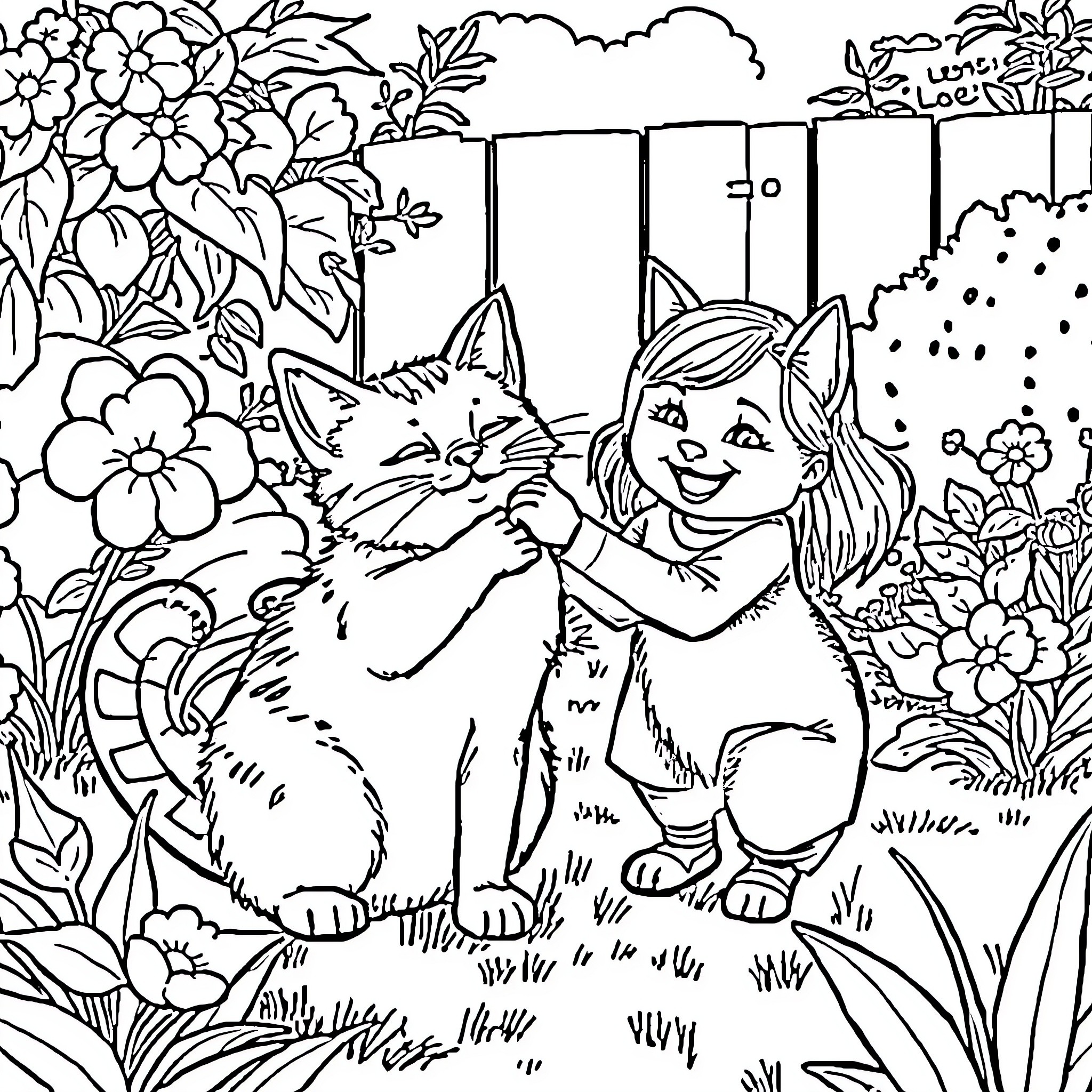 Cat and girl playing together in garden Coloring Page (free black-and-white line drawing printable PDF for all, from beginners to advanced learners, including children, teens, adults, and seniors)
