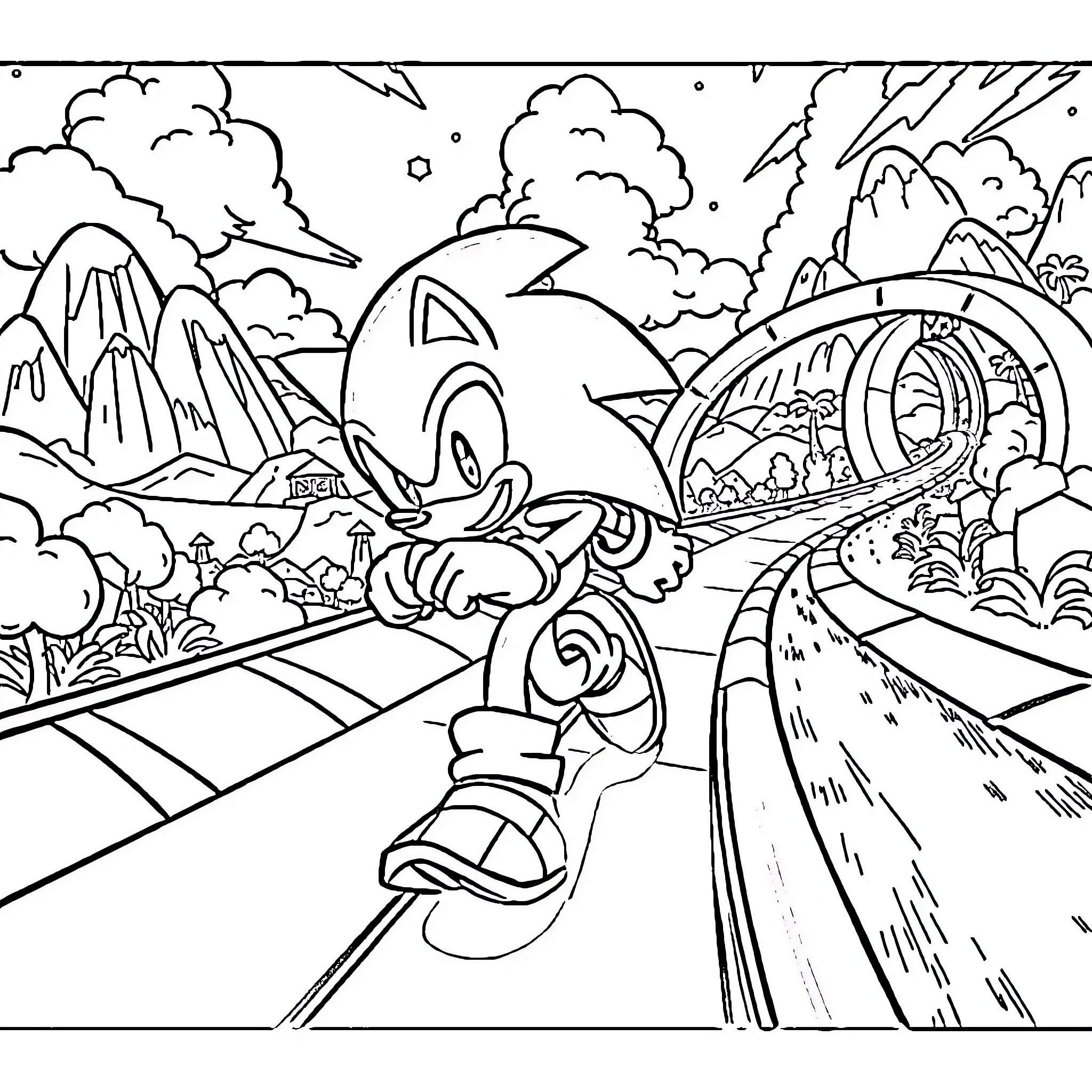 Sonic racing through a fantastical landscape Coloring Page (free black-and-white line drawing printable PDF for all, from beginners to advanced learners, including children, teens, adults, and seniors)