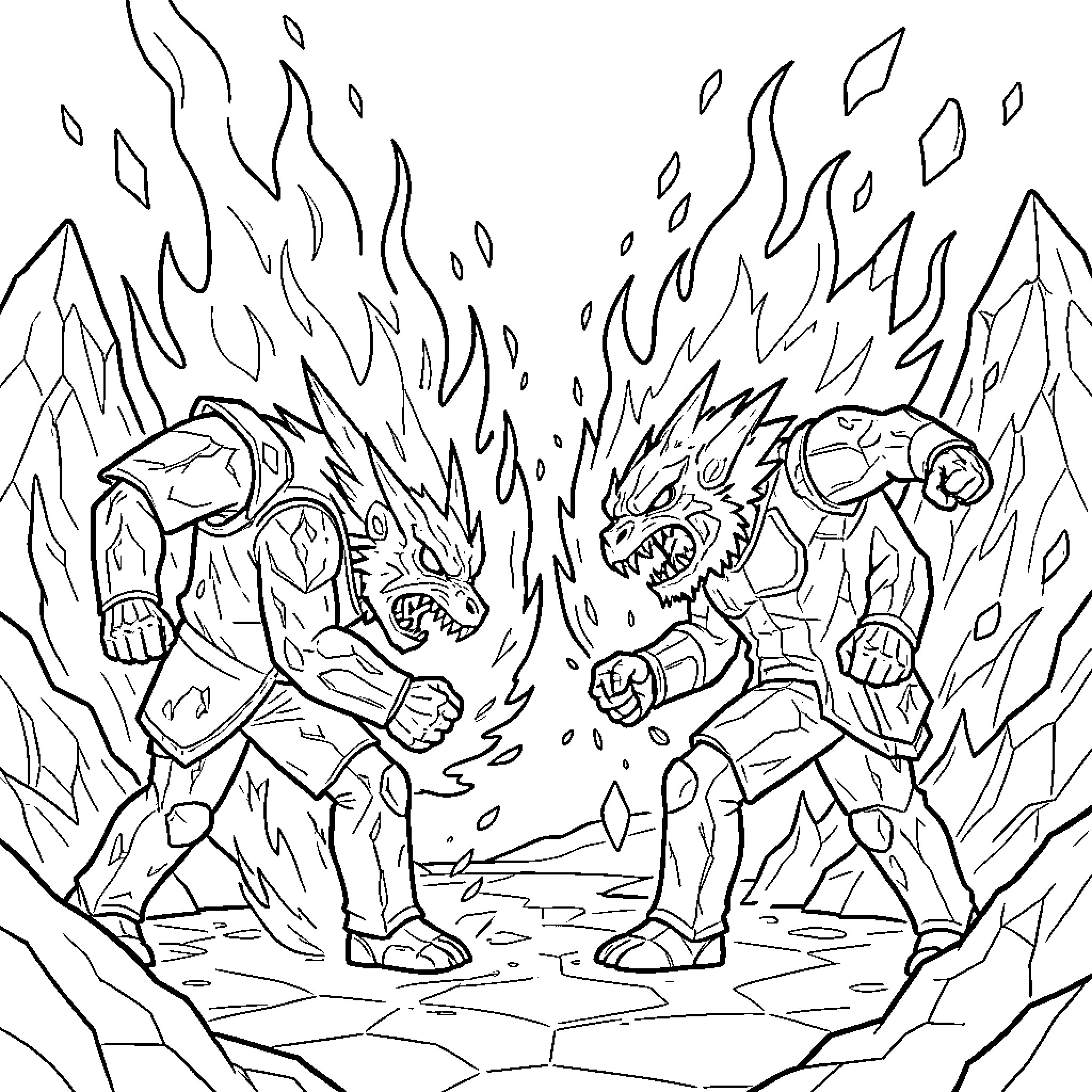 Fire and Ice monsters battling in a rocky landscape Coloring Page (free black-and-white line drawing printable PDF for all, from beginners to advanced learners, including children, teens, adults, and seniors)