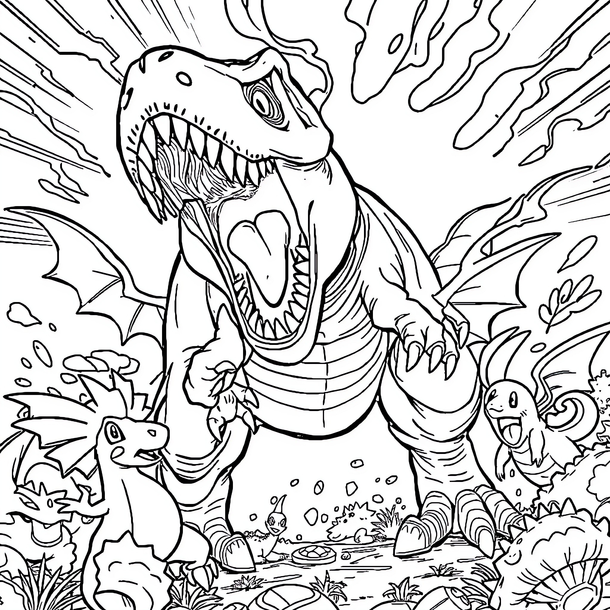 T-Rex Terrorizing Prehistoric Creatures Coloring Page (free black-and-white line drawing printable PDF for all, from beginners to advanced learners, including children, teens, adults, and seniors)