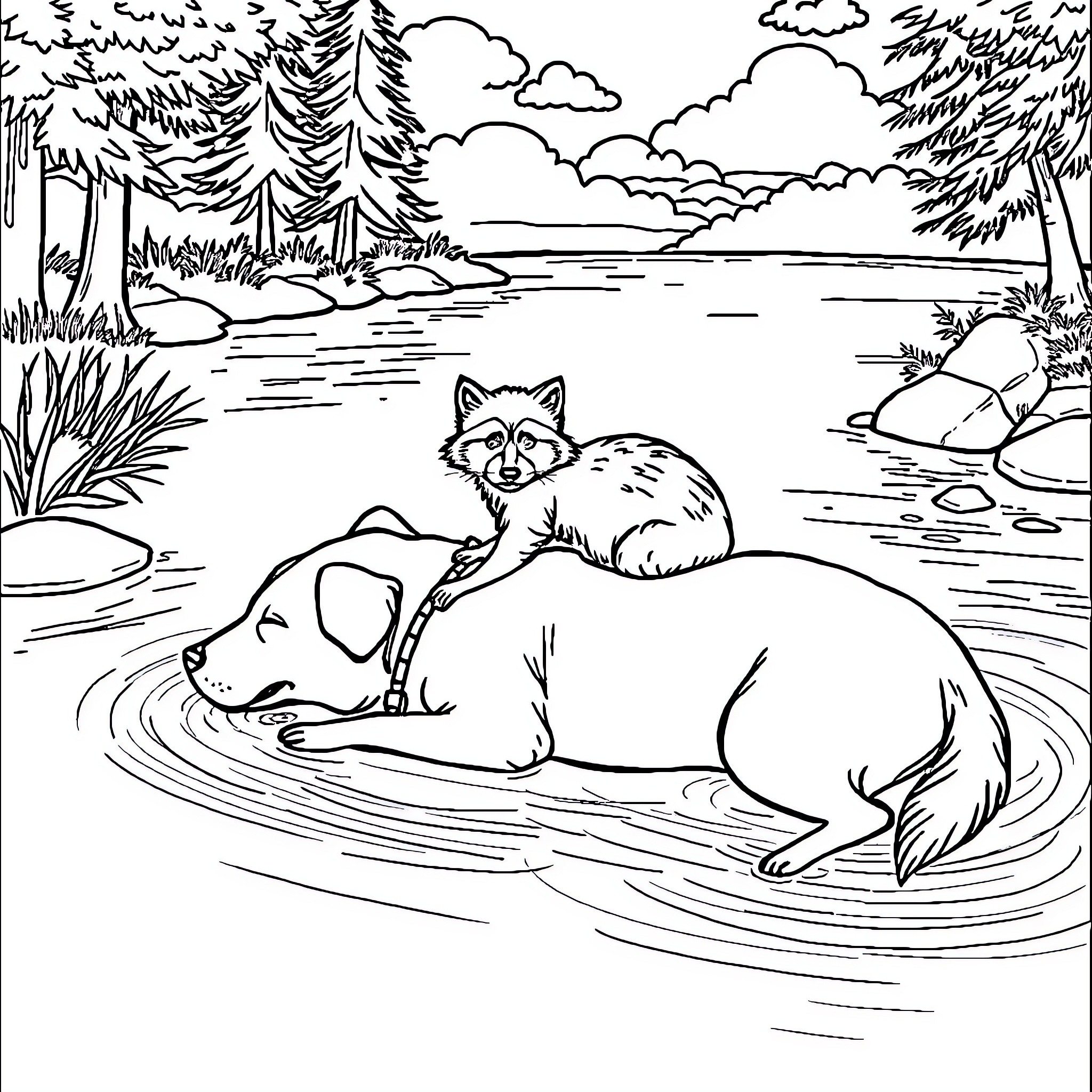 Dog and Raccoon Enjoying the Lake in the Forest Coloring Page (free black-and-white line drawing printable PDF for all, from beginners to advanced learners, including children, teens, adults, and seniors)