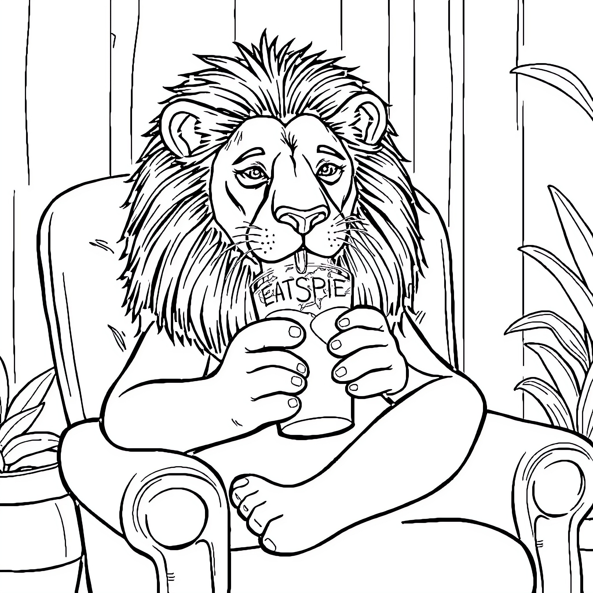 Lion relaxing with a newspaper Coloring Page (free black-and-white line drawing printable PDF for all, from beginners to advanced learners, including children, teens, adults, and seniors)