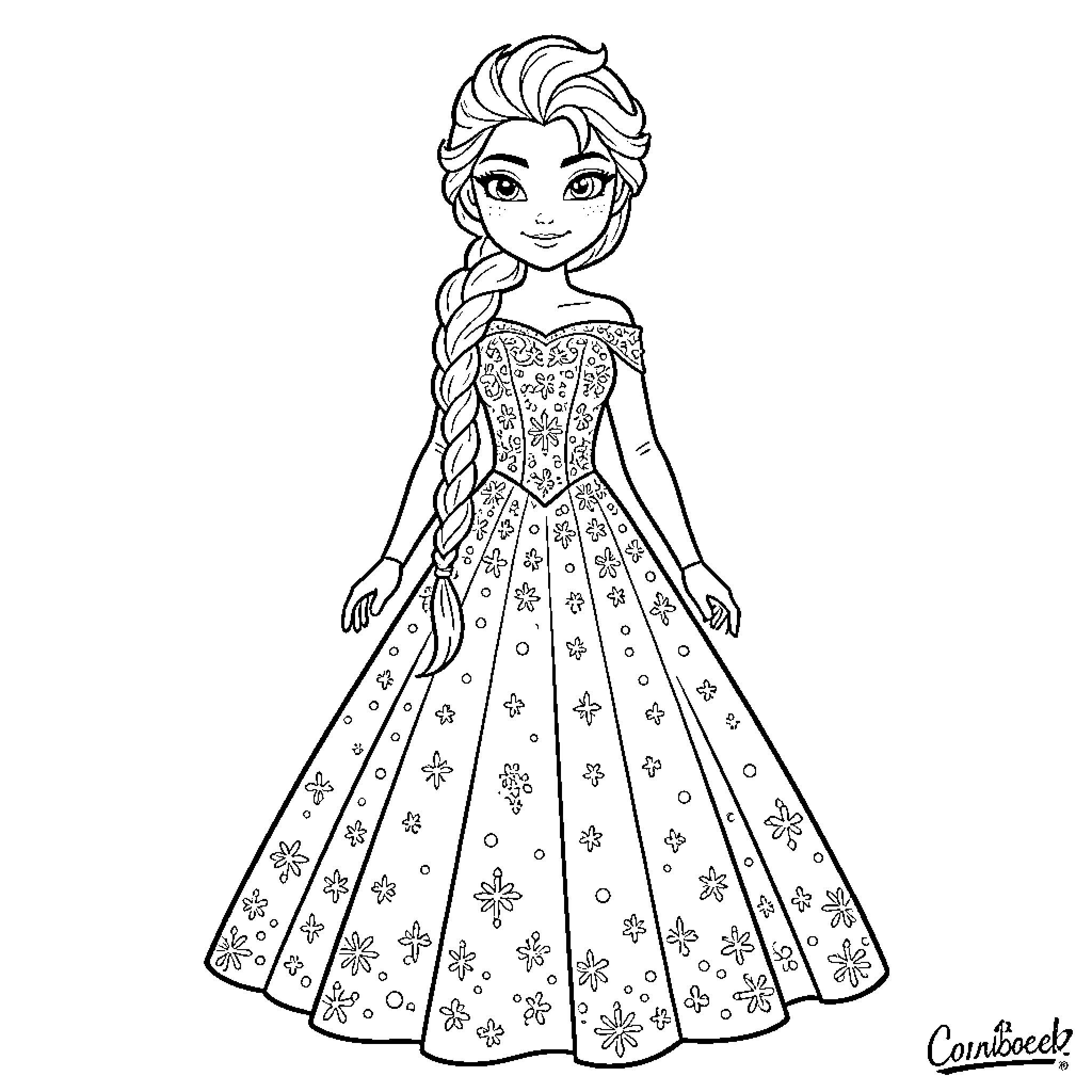 Princess Elsa in a Wintery Gown Coloring Page (free black-and-white line drawing printable PDF for all, from beginners to advanced learners, including children, teens, adults, and seniors)