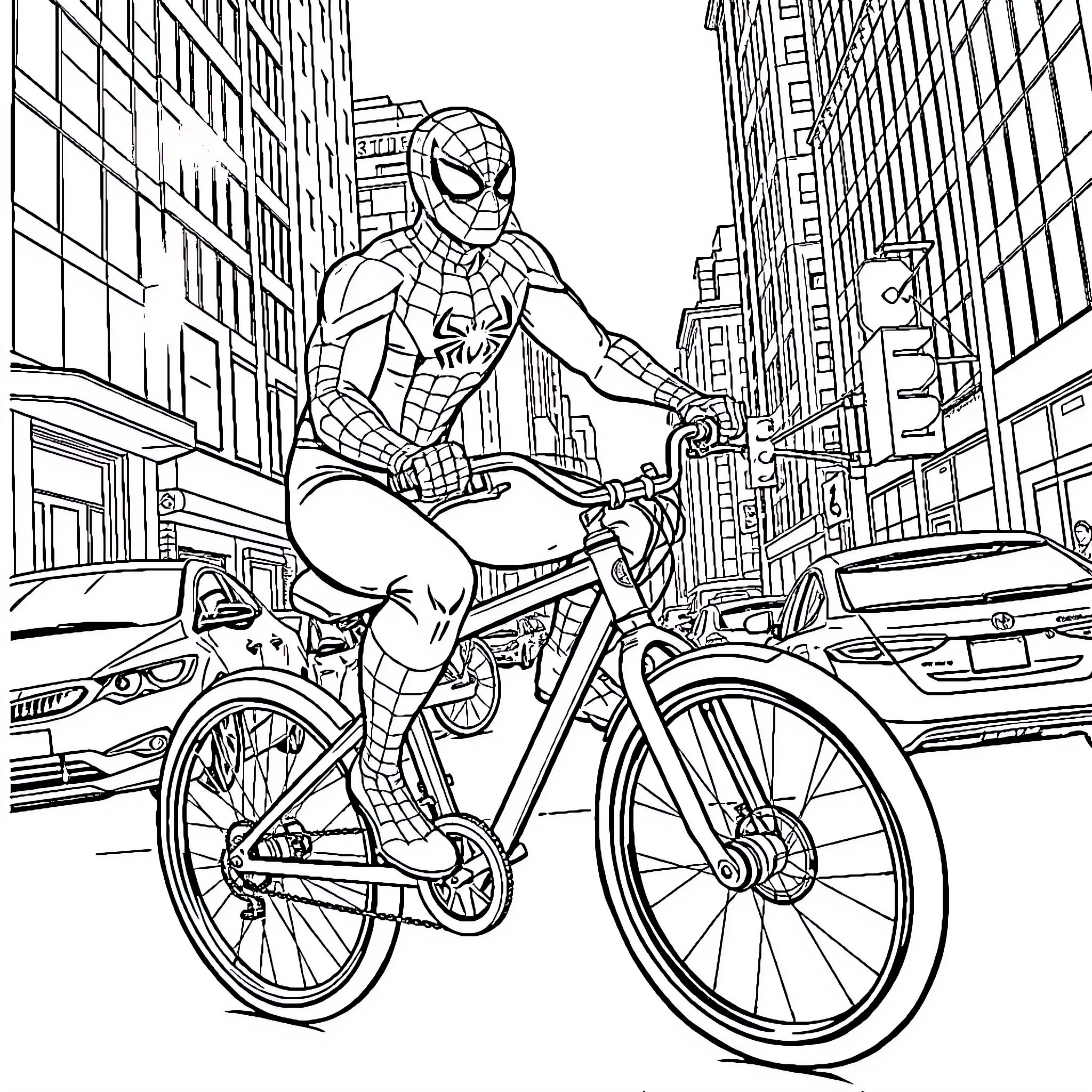 Spider-Man Riding Bicycle in City Streets Coloring Page (free black-and-white line drawing printable PDF for all, from beginners to advanced learners, including children, teens, adults, and seniors)