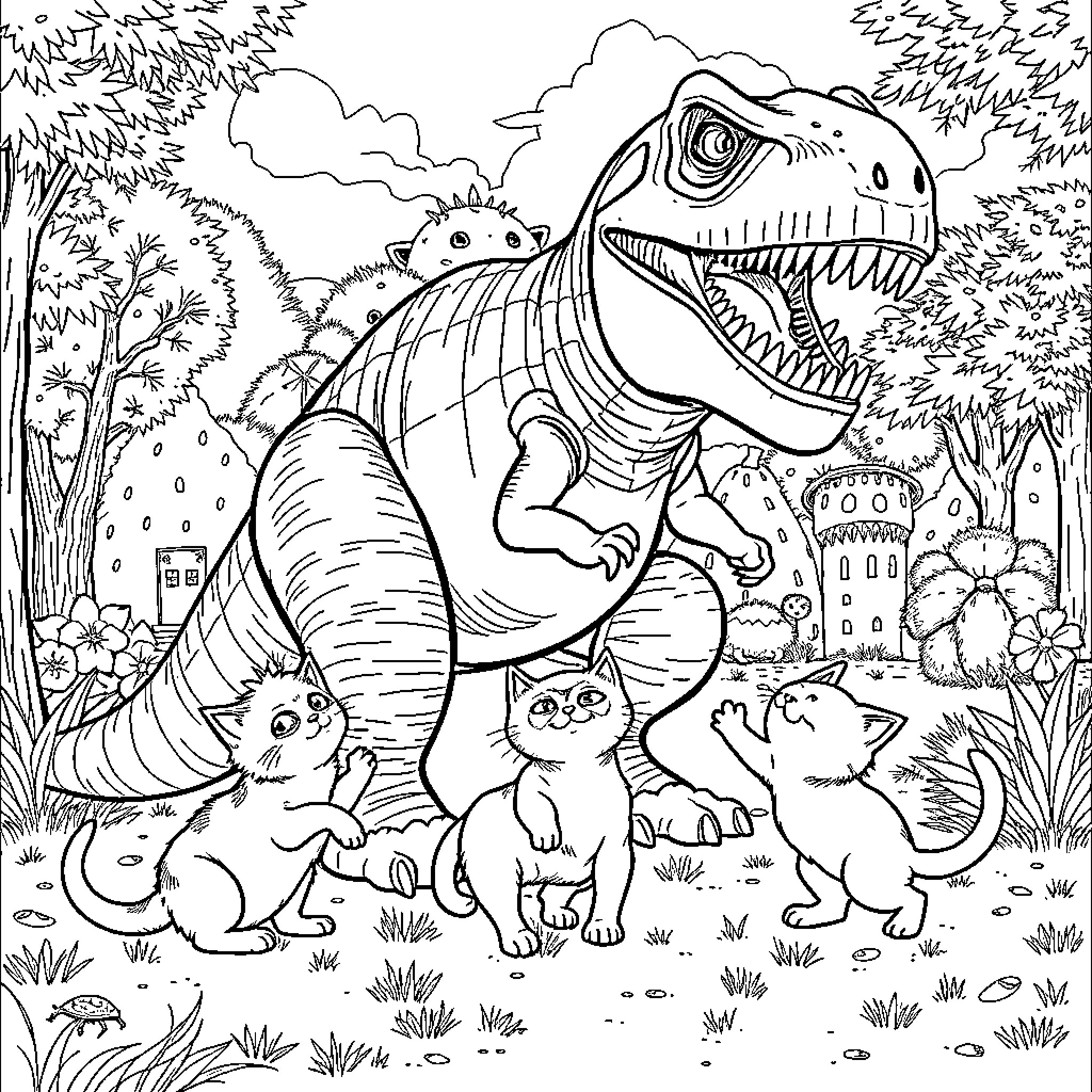 Kitty and Dinosaur Adventures in the Forest Coloring Page (free black-and-white line drawing printable PDF for all, from beginners to advanced learners, including children, teens, adults, and seniors)