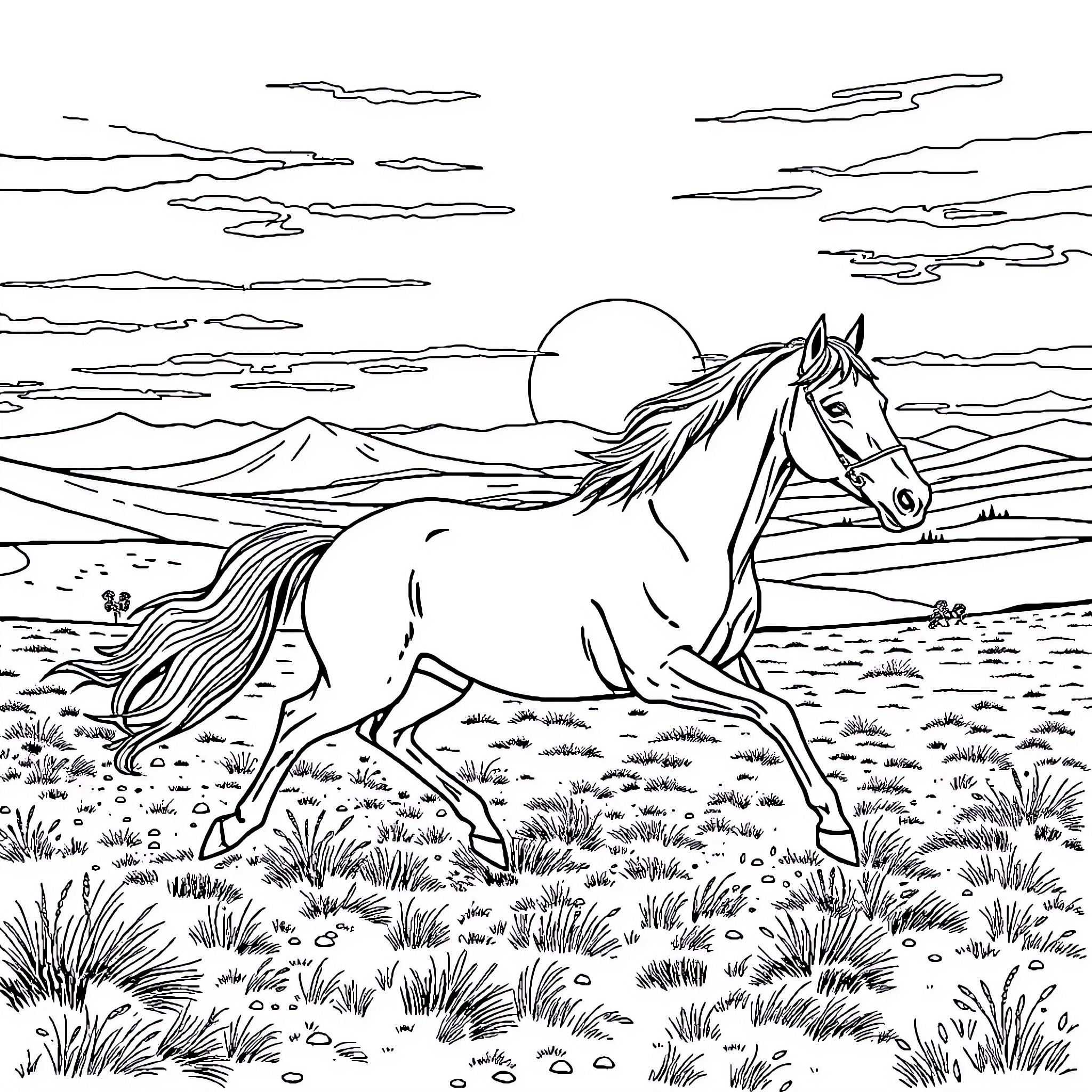 Horse galloping through scenic landscape Coloring Page (free black-and-white line drawing printable PDF for all, from beginners to advanced learners, including children, teens, adults, and seniors)