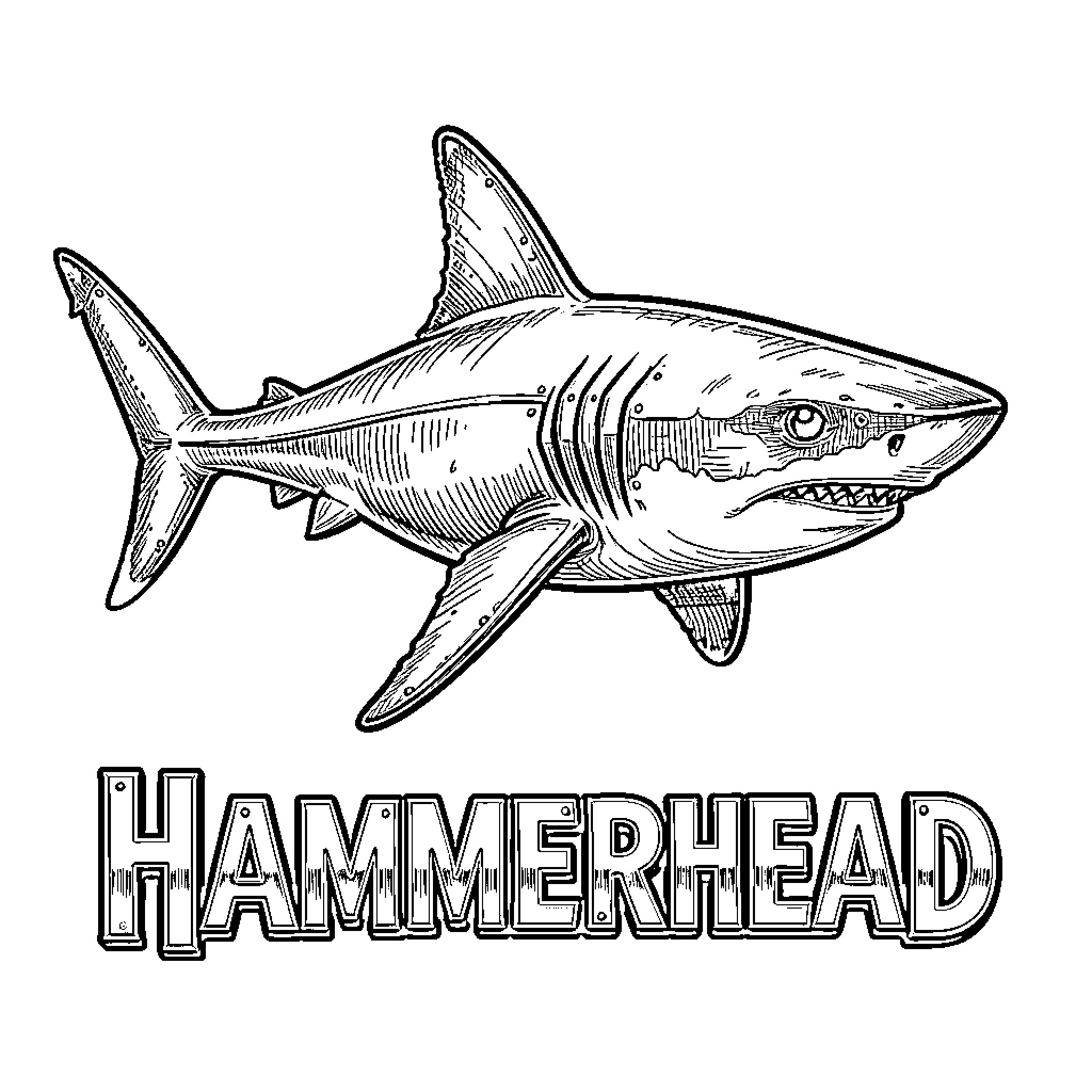 Hammerhead Shark illustration Coloring Page (free black-and-white line drawing printable PDF for all, from beginners to advanced learners, including children, teens, adults, and seniors)