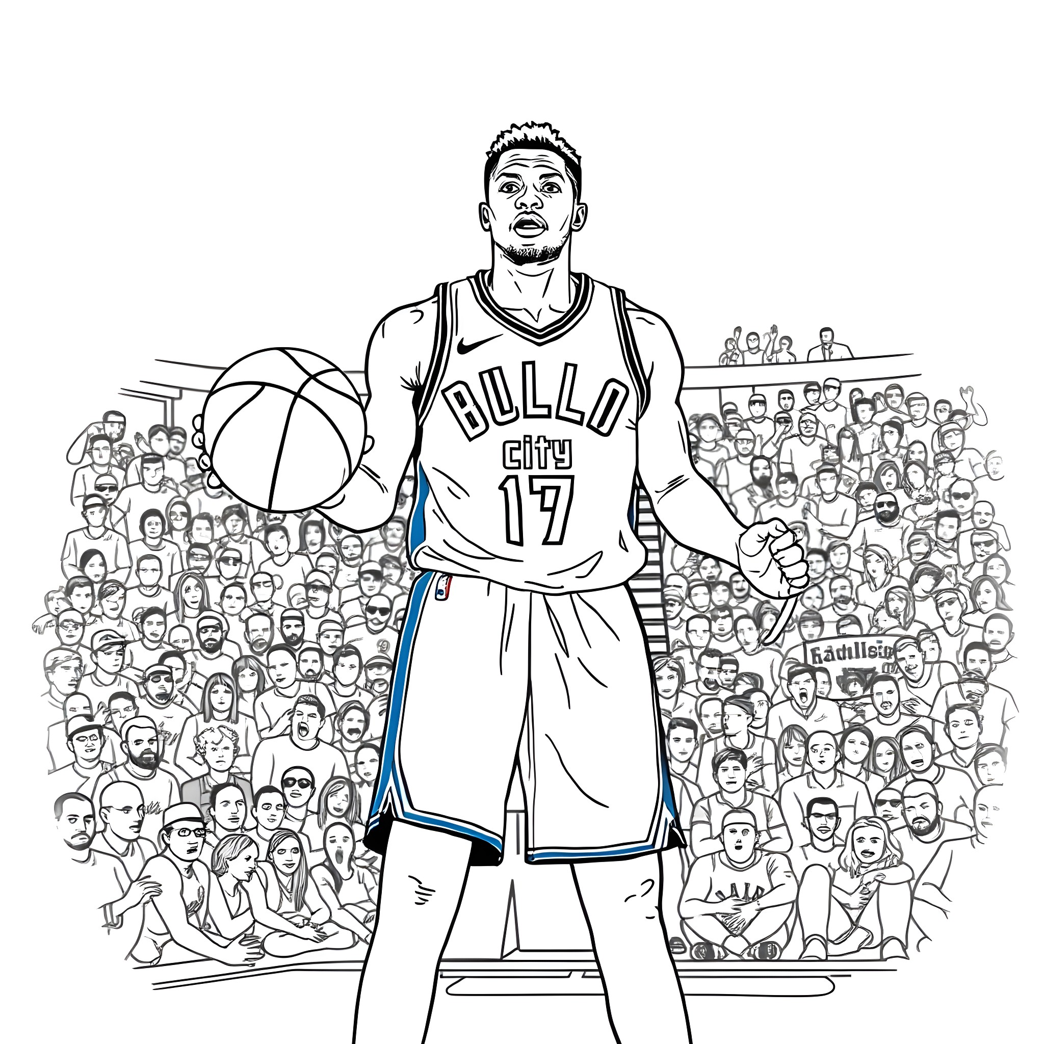 Russell Westbrook in basketball action with crowd Coloring Page (free black-and-white line drawing printable PDF for all, from beginners to advanced learners, including children, teens, adults, and seniors)