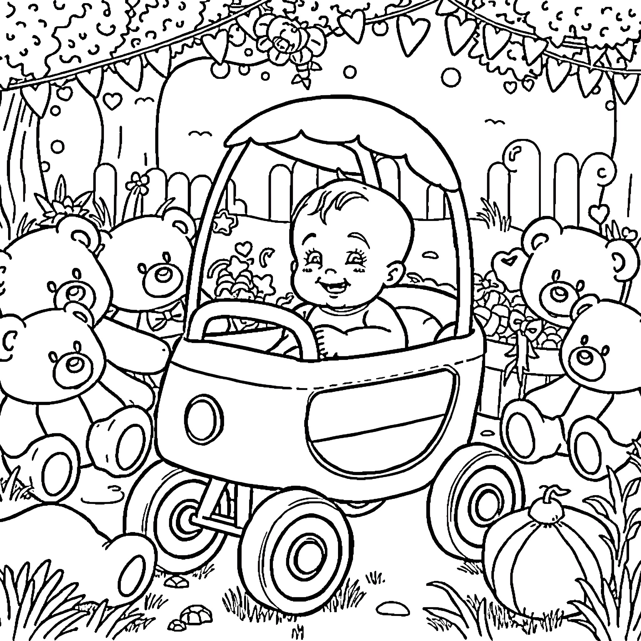 Baby riding in a carriage surrounded by toys Coloring Page (free black-and-white line drawing printable PDF for all, from beginners to advanced learners, including children, teens, adults, and seniors)