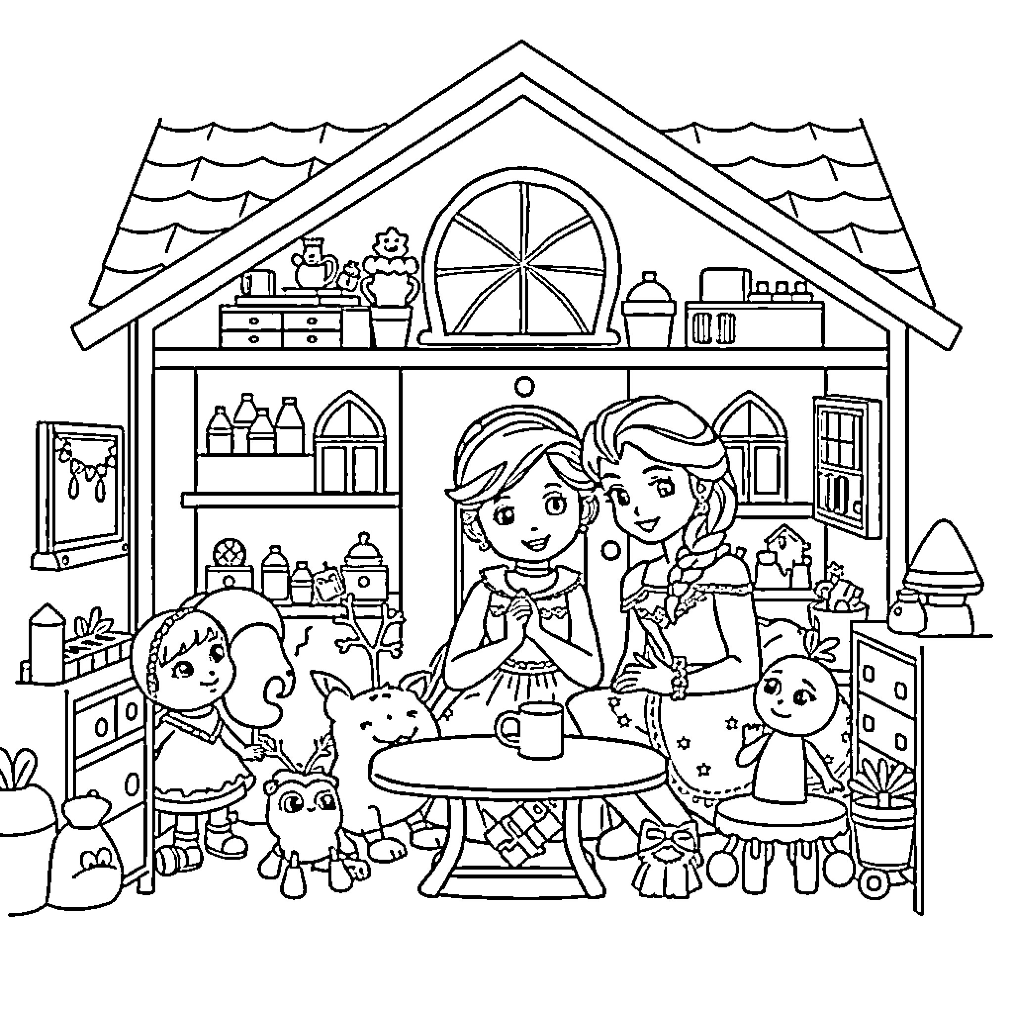 Dollhouse with children playing and exploring Coloring Page (free black-and-white line drawing printable PDF for all, from beginners to advanced learners, including children, teens, adults, and seniors)