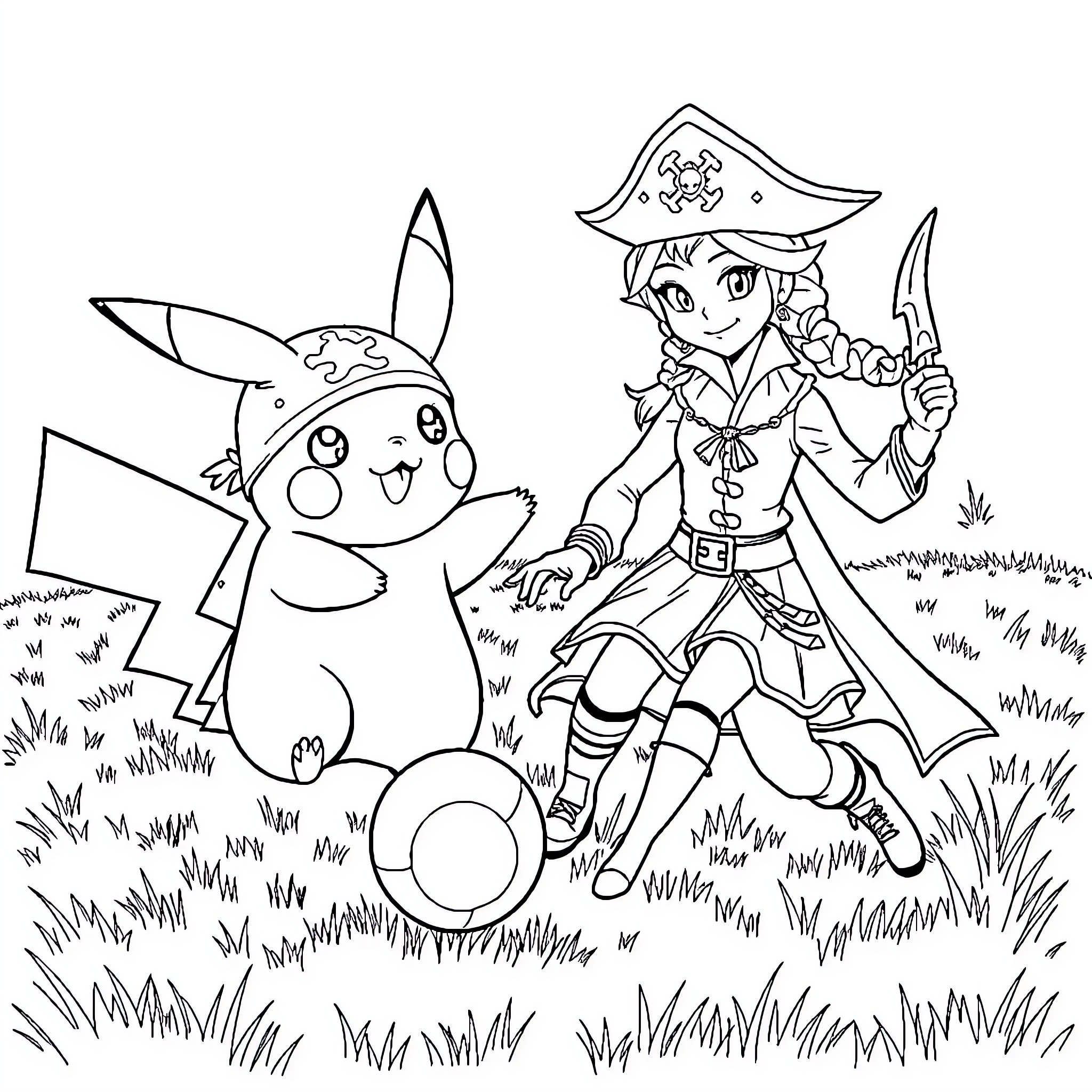 Pikachu playing with a pirate in the meadow Coloring Page (free black-and-white line drawing printable PDF for all, from beginners to advanced learners, including children, teens, adults, and seniors)