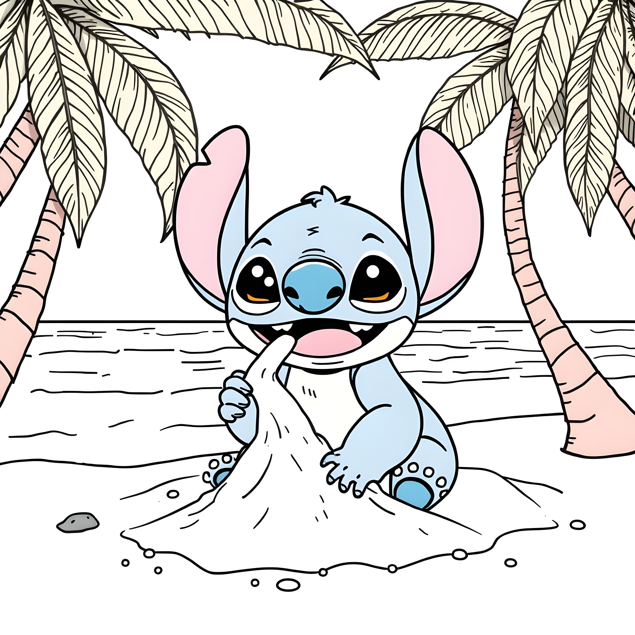 Stitch enjoying a day at the beach Coloring Page (free black-and-white line drawing printable PDF for all, from beginners to advanced learners, including children, teens, adults, and seniors)