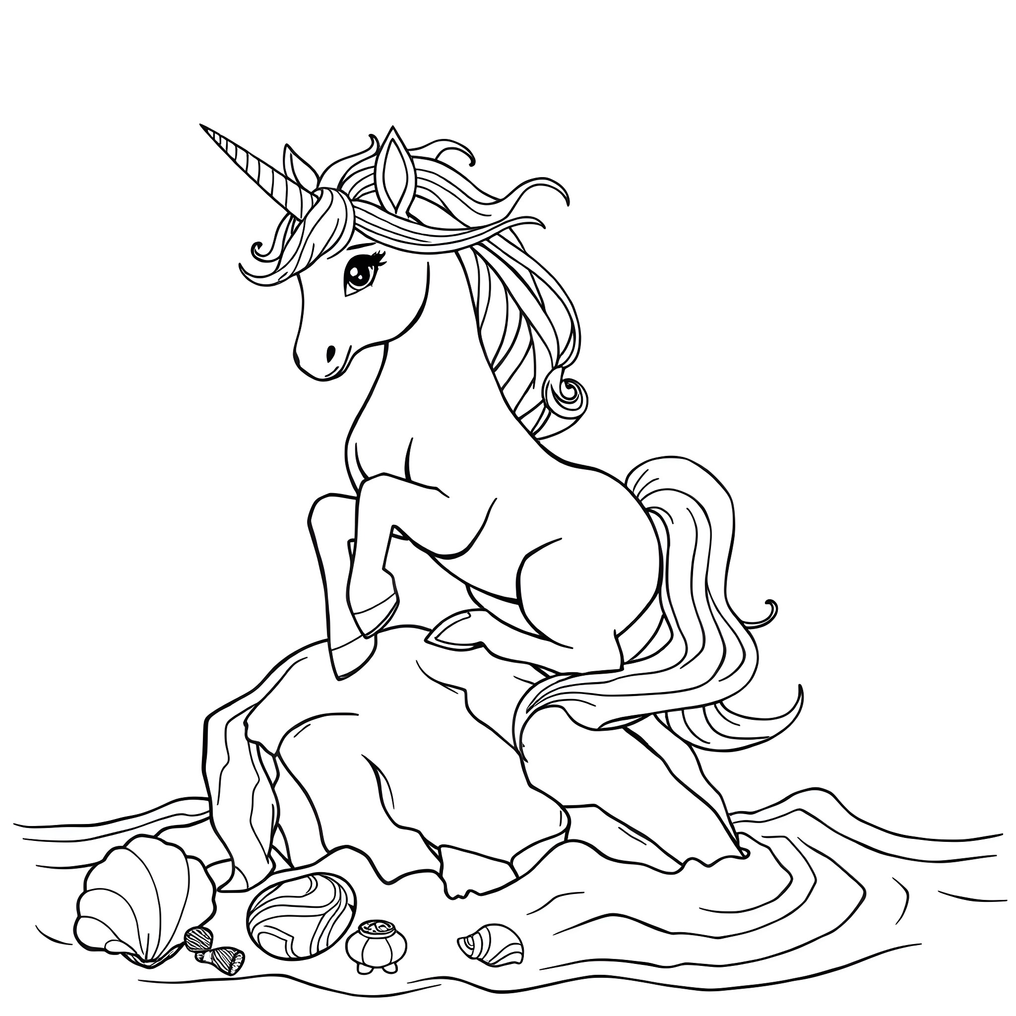 Unicorn resting by the sea with shells Coloring Page (free black-and-white line drawing printable PDF for all, from beginners to advanced learners, including children, teens, adults, and seniors)