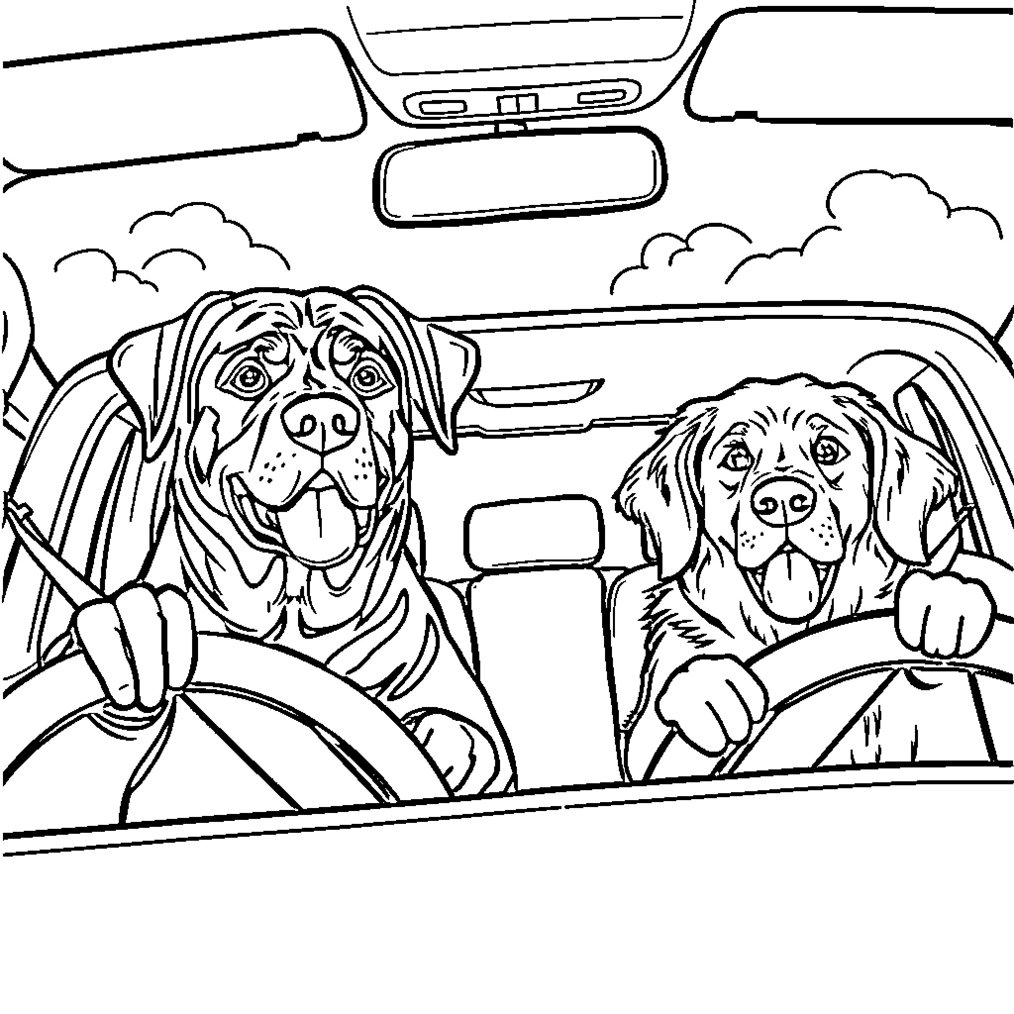 Dog Driving Happily with Friend in Car Coloring Page (free black-and-white line drawing printable PDF for all, from beginners to advanced learners, including children, teens, adults, and seniors)