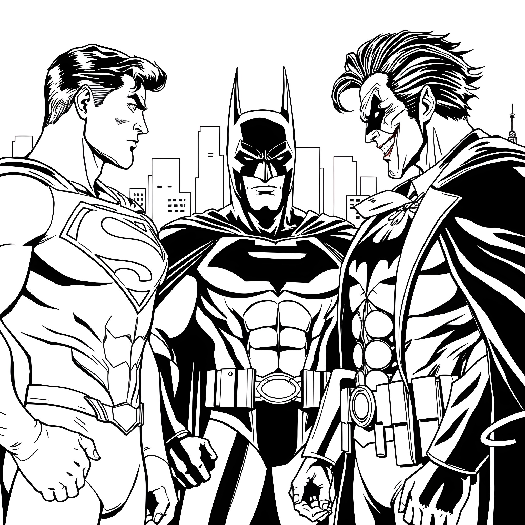 Superhero Trio in Action-Packed Showdown Coloring Page (free black-and-white line drawing printable PDF for all, from beginners to advanced learners, including children, teens, adults, and seniors)