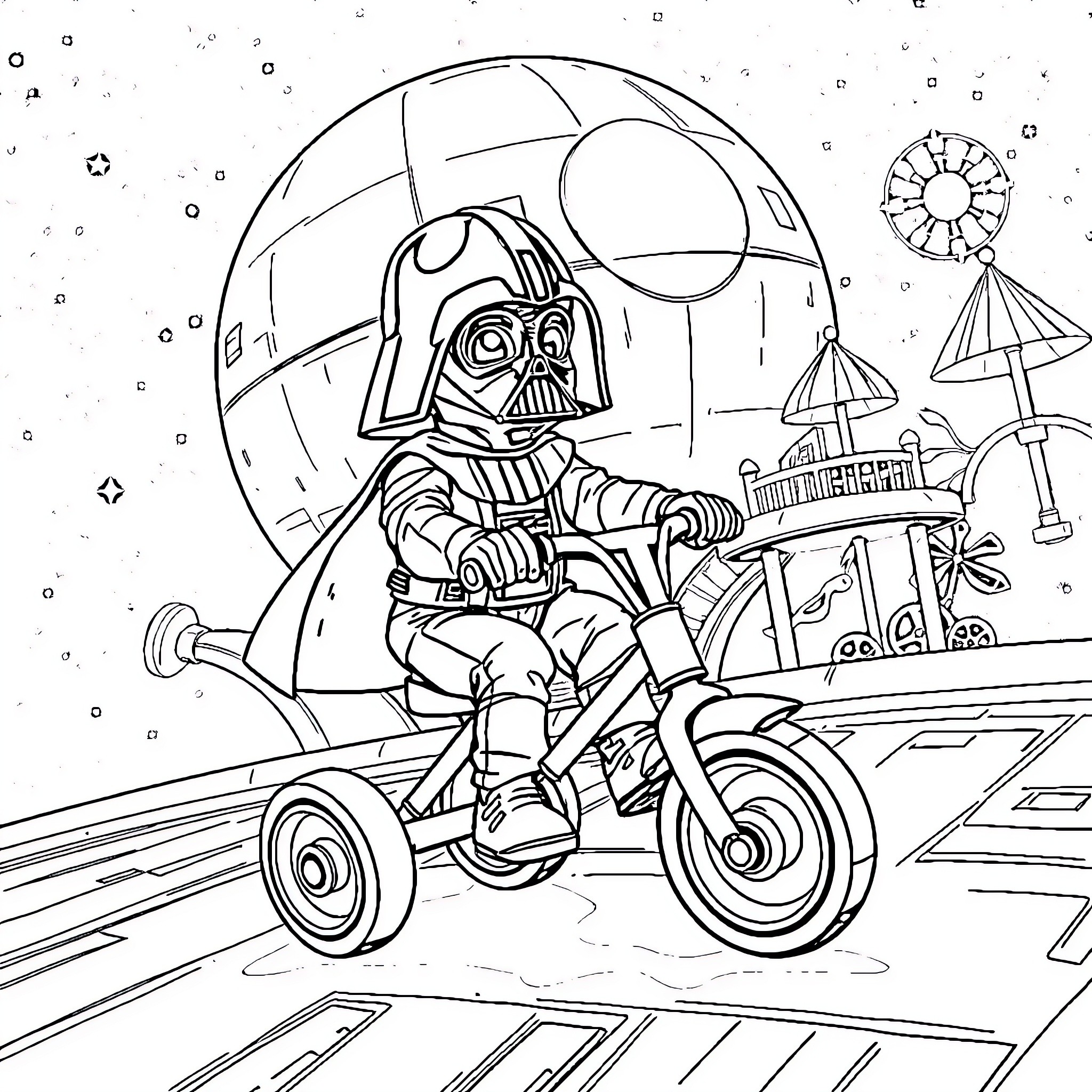 Darth Vader riding a speeder bike in space Coloring Page (free black-and-white line drawing printable PDF for all, from beginners to advanced learners, including children, teens, adults, and seniors)