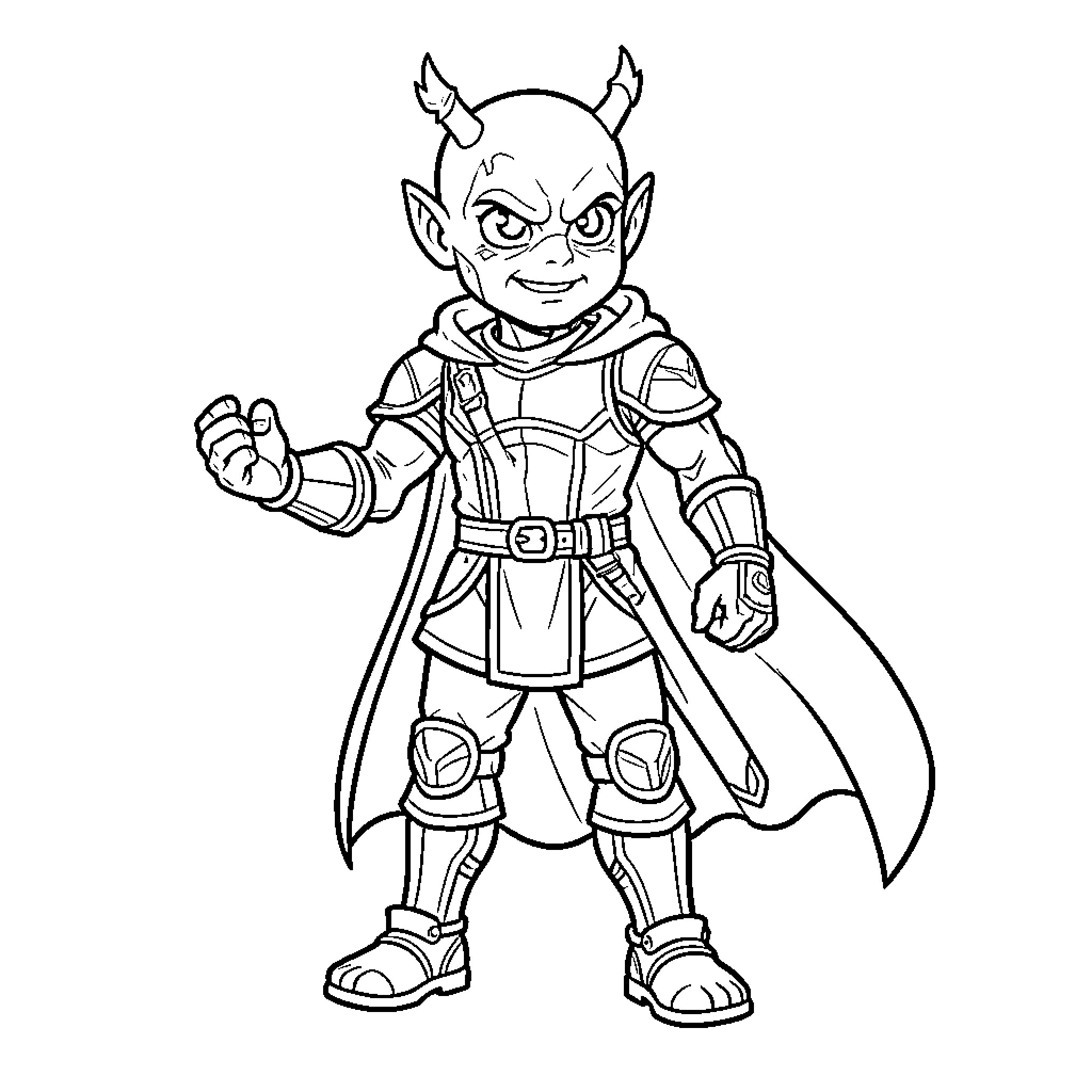 Invincible little demon character posing in heroic armor Coloring Page (free black-and-white line drawing printable PDF for all, from beginners to advanced learners, including children, teens, adults, and seniors)