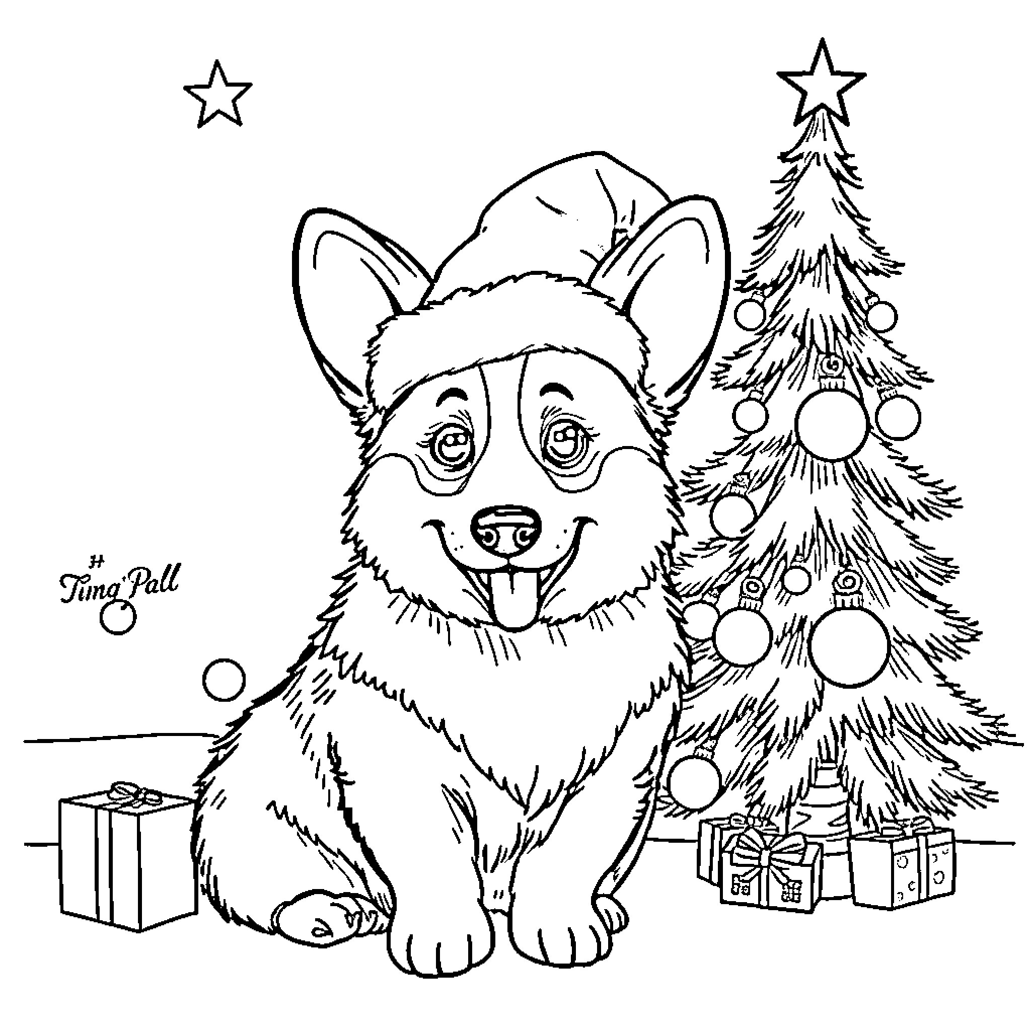Corgi celebrating Christmas with tree and presents Coloring Page (free black-and-white line drawing printable PDF for all, from beginners to advanced learners, including children, teens, adults, and seniors)