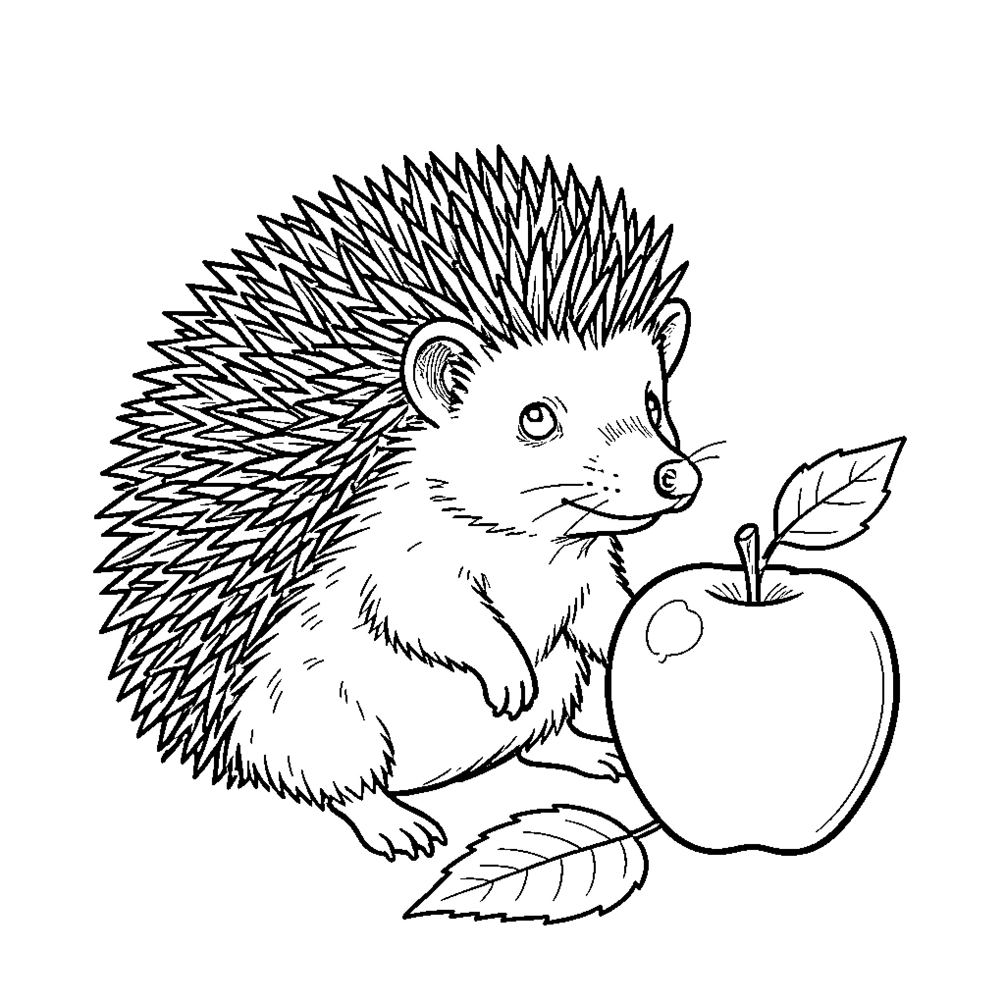 Hedgehog sitting curiously next to a large apple Coloring Page (free black-and-white line drawing printable PDF for all, from beginners to advanced learners, including children, teens, adults, and seniors)