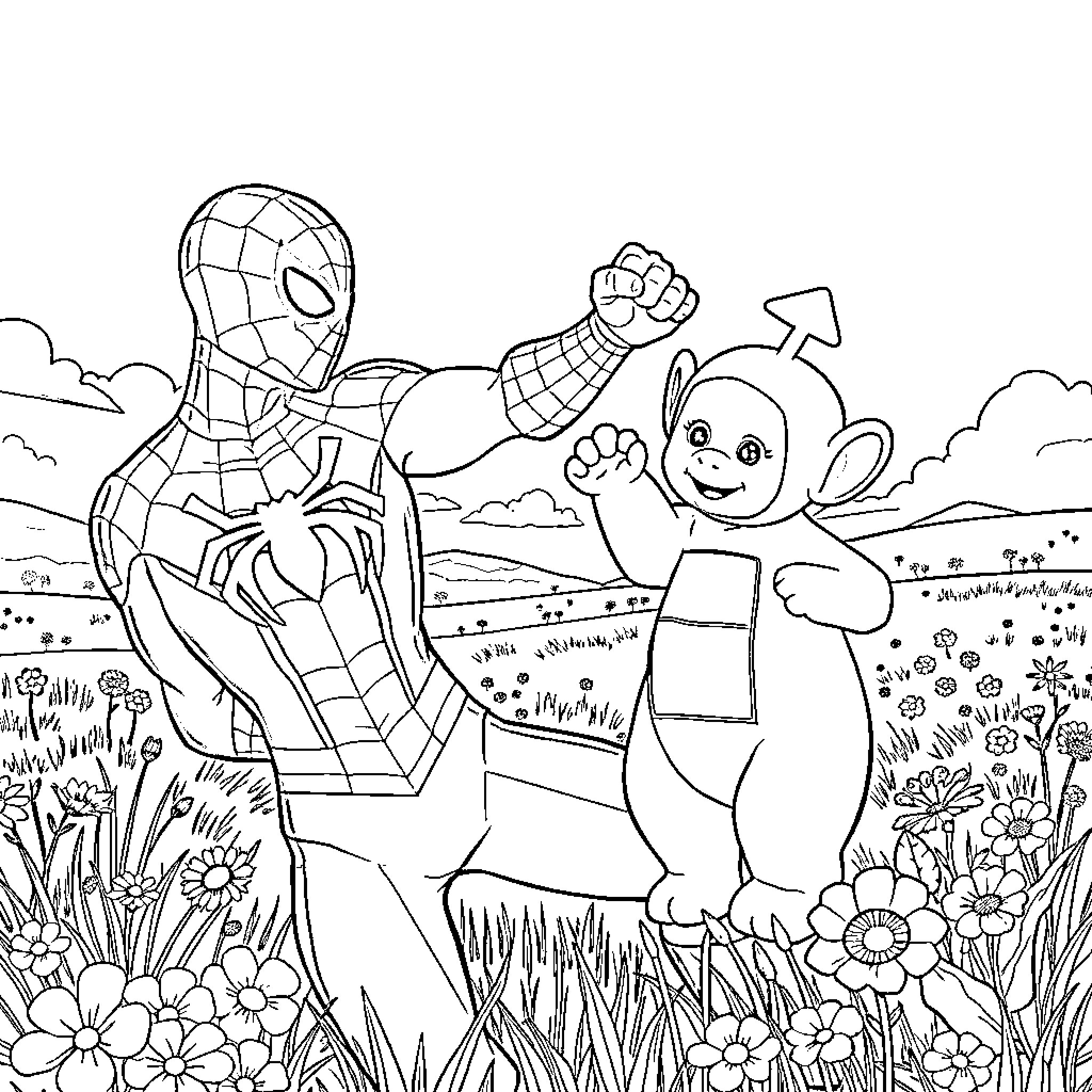Spider-Man interacting with a friendly character in a garden setting Coloring Page (free black-and-white line drawing printable PDF for all, from beginners to advanced learners, including children, teens, adults, and seniors)