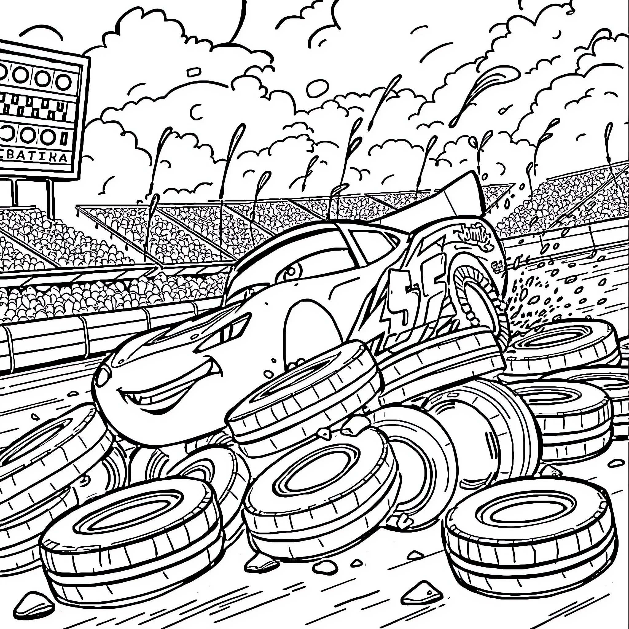 Lightning McQueen racing through a chaotic scene Coloring Page (free black-and-white line drawing printable PDF for all, from beginners to advanced learners, including children, teens, adults, and seniors)