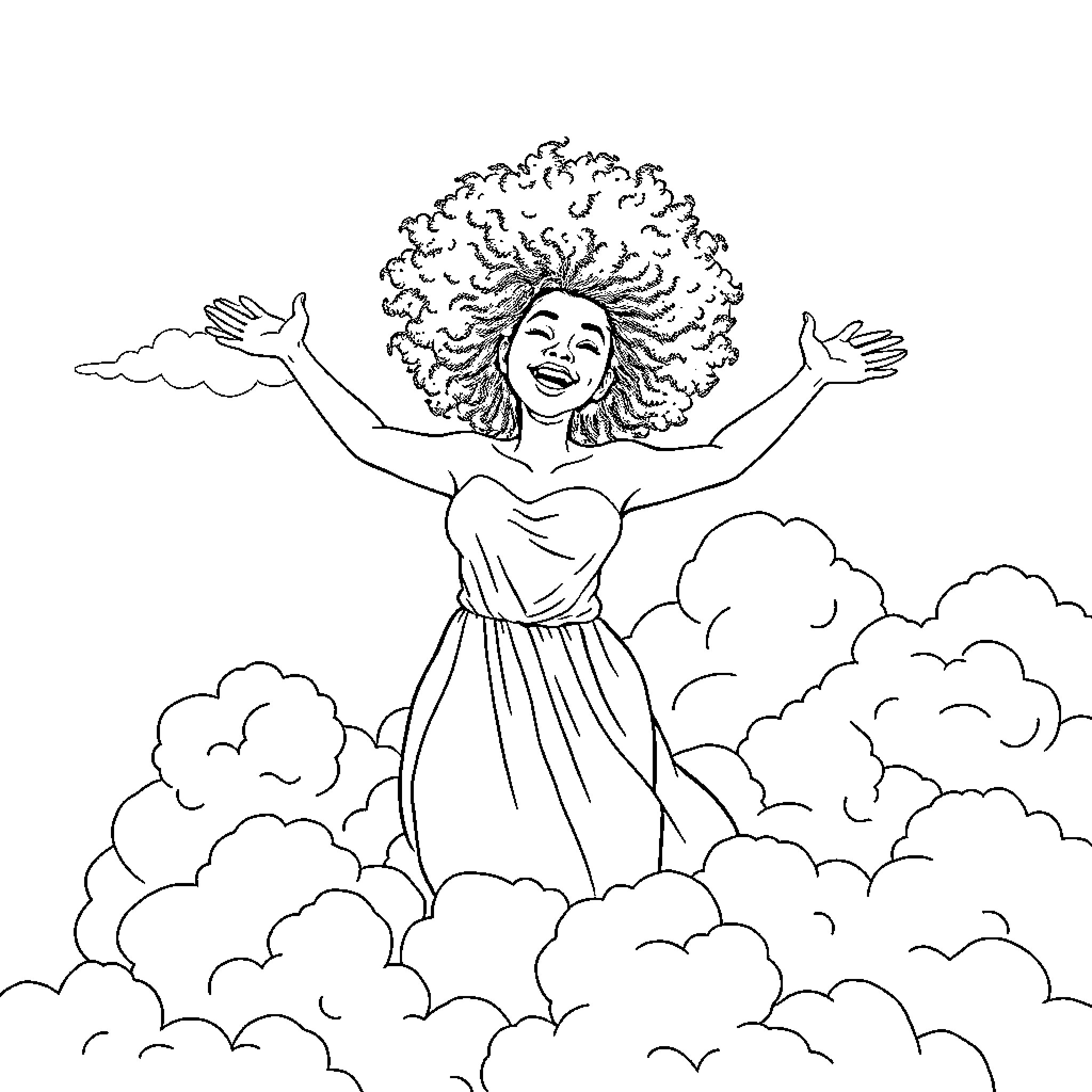 Woman joyfully embracing clouds in the sky Coloring Page (free black-and-white line drawing printable PDF for all, from beginners to advanced learners, including children, teens, adults, and seniors)
