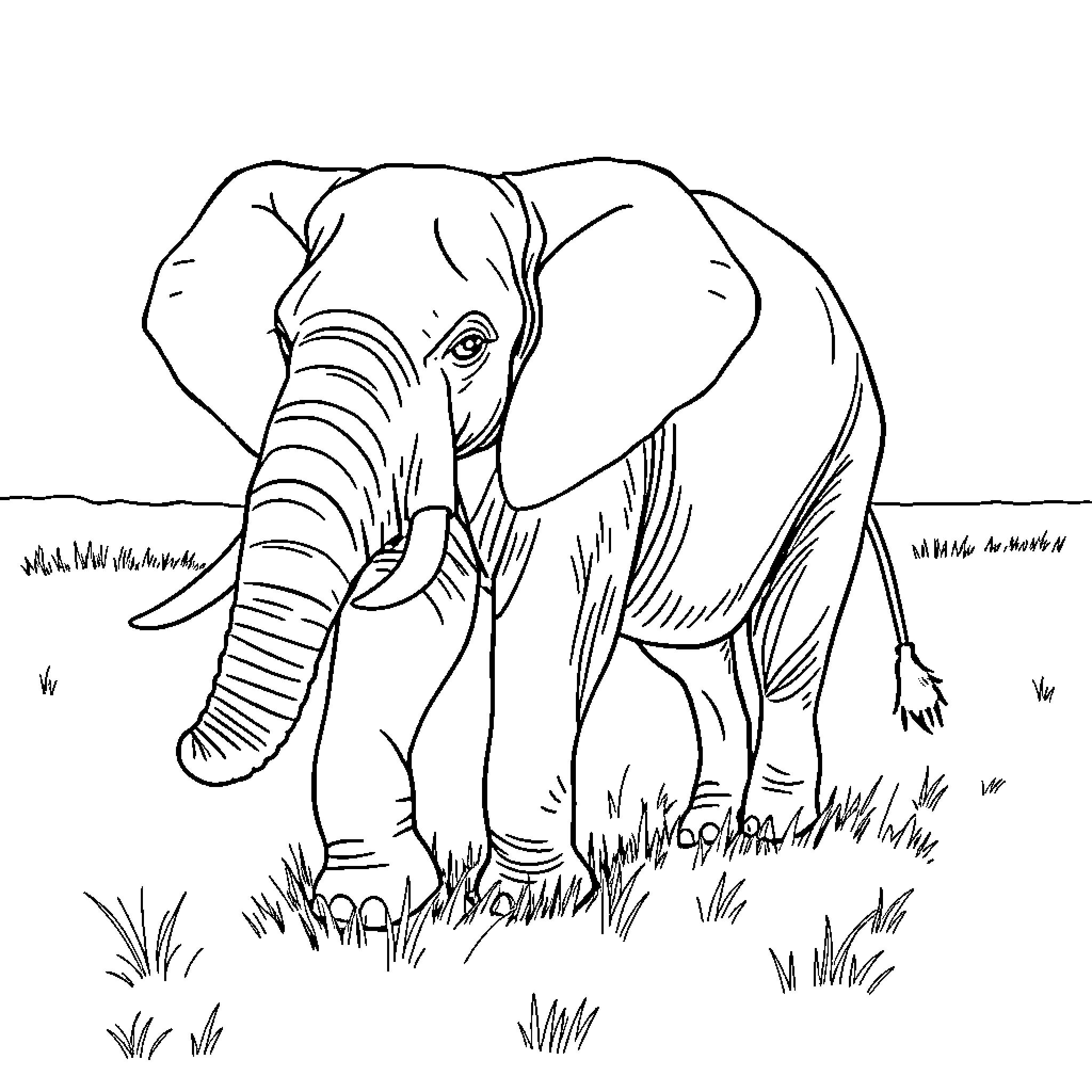 Elephant in the Grasslands Coloring Page (free black-and-white line drawing printable PDF for all, from beginners to advanced learners, including children, teens, adults, and seniors)