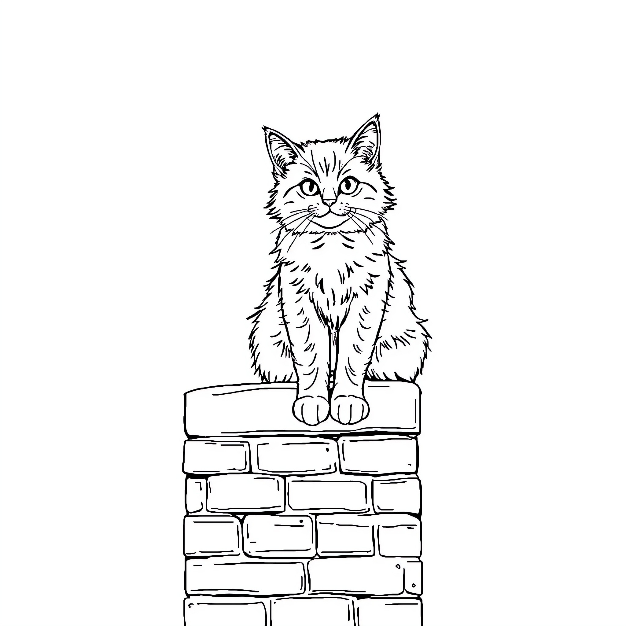 Cat sitting atop a brick wall Coloring Page (free black-and-white line drawing printable PDF for all, from beginners to advanced learners, including children, teens, adults, and seniors)