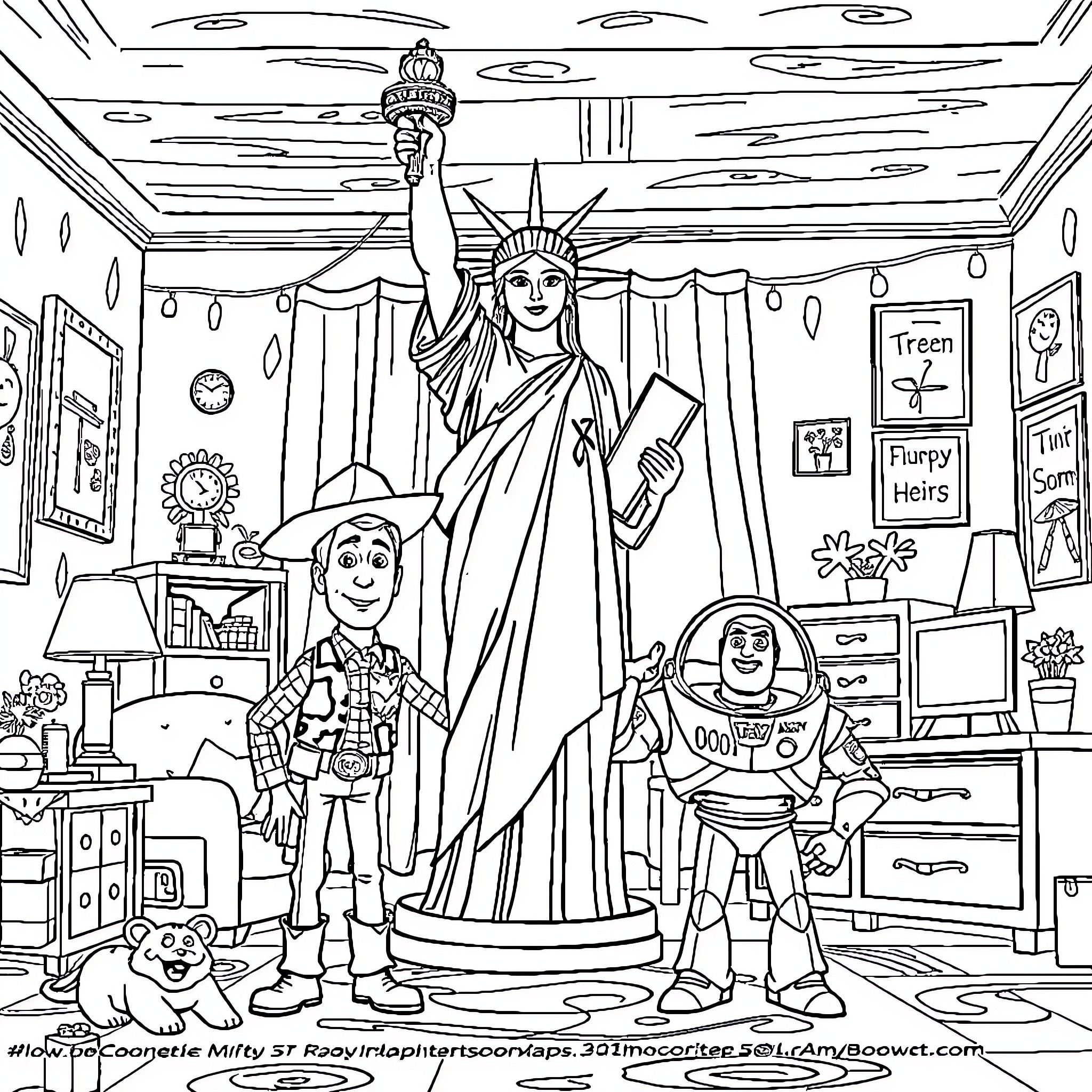 Statue Of Liberty and Toy Story Characters in a Bedroom Coloring Page (free black-and-white line drawing printable PDF for all, from beginners to advanced learners, including children, teens, adults, and seniors)