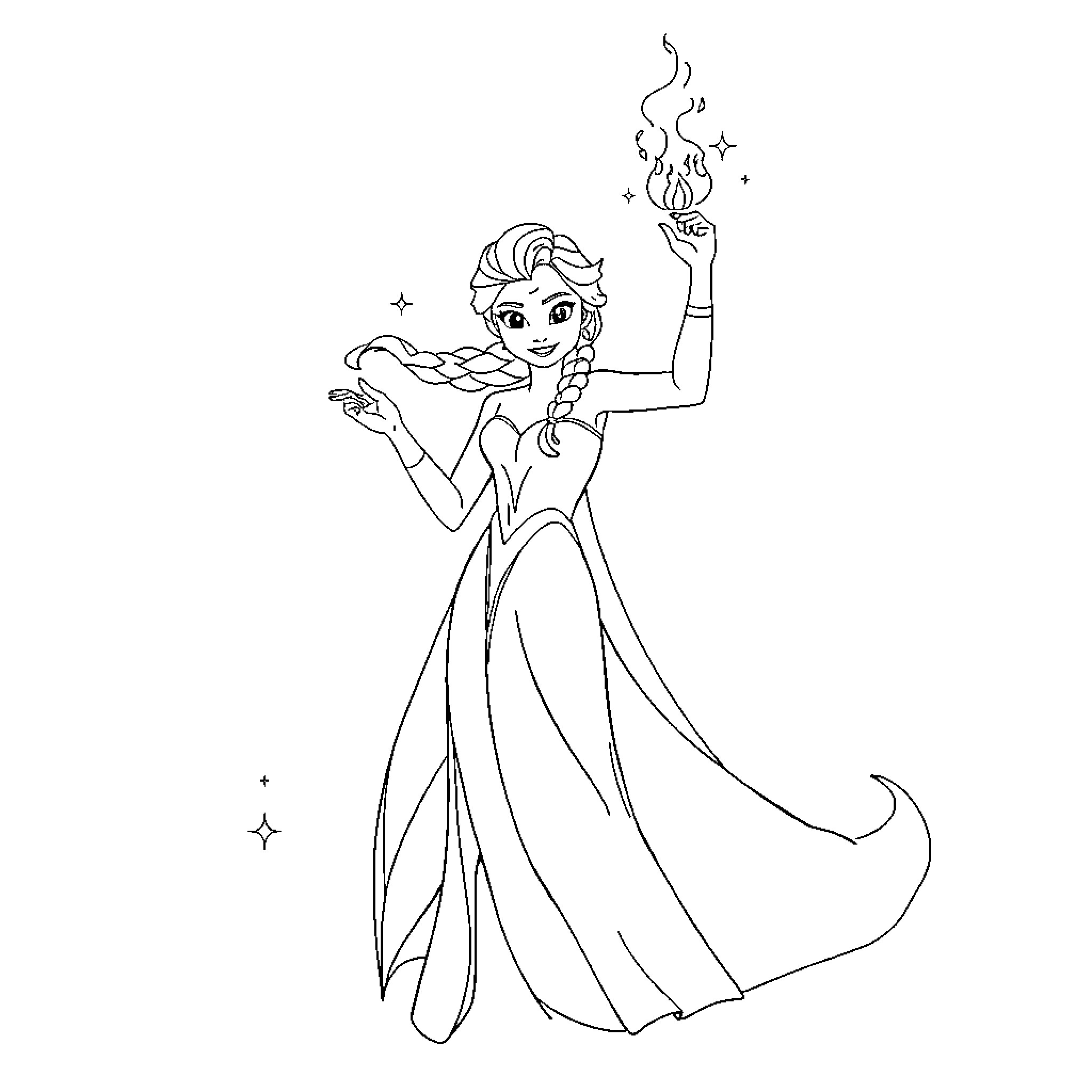 Elsa using her magical powers Coloring Page (free black-and-white line drawing printable PDF for all, from beginners to advanced learners, including children, teens, adults, and seniors)
