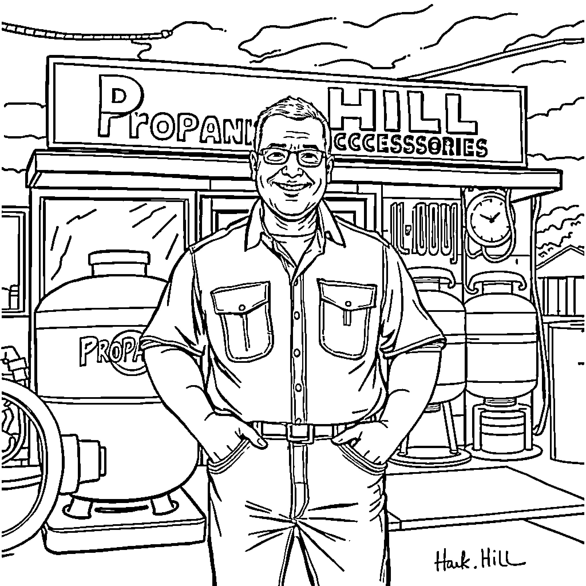 Hank Hill at Propane Accessories Store Coloring Page (free black-and-white line drawing printable PDF for all, from beginners to advanced learners, including children, teens, adults, and seniors)