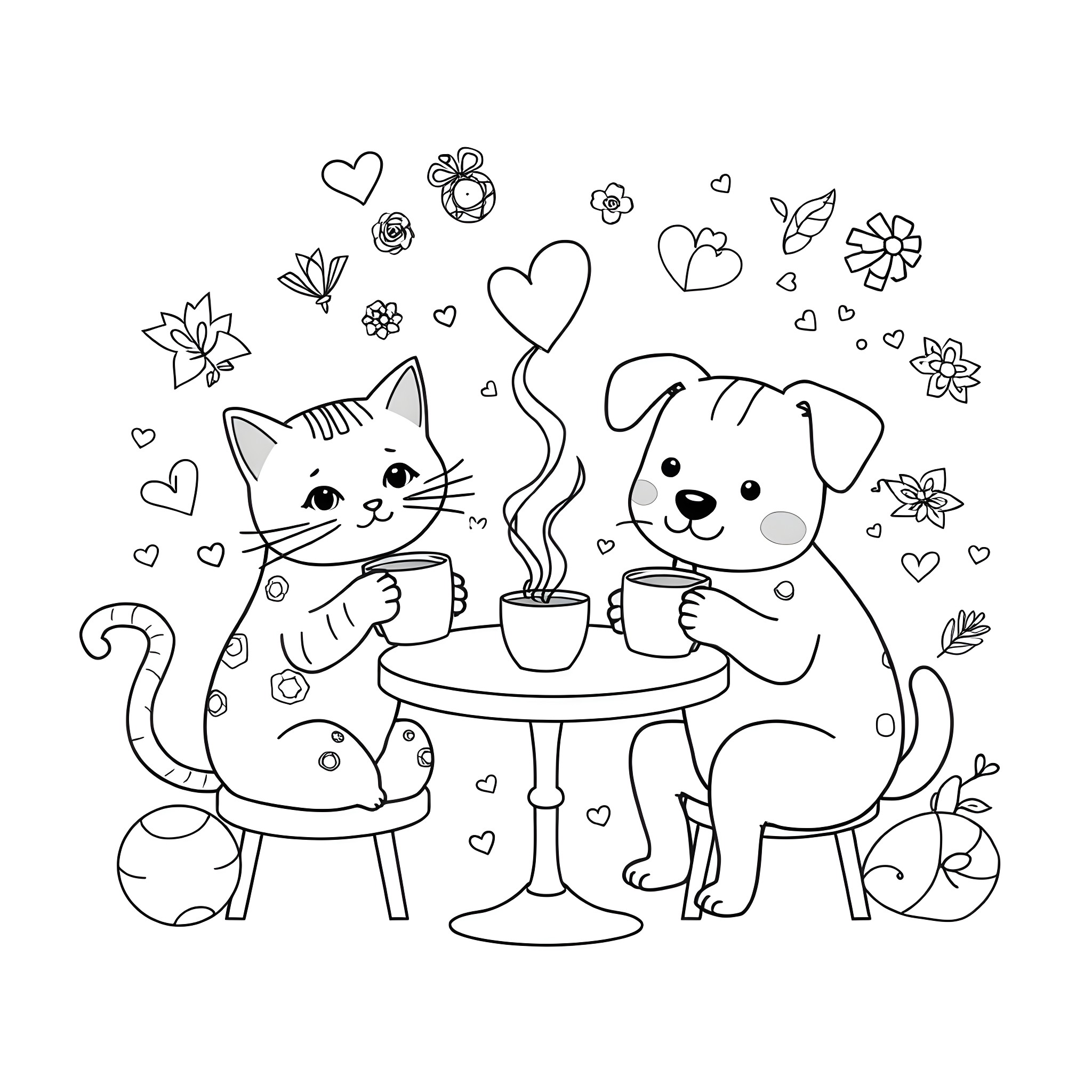 Animal friends enjoying drinks together Coloring Page (free black-and-white line drawing printable PDF for all, from beginners to advanced learners, including children, teens, adults, and seniors)