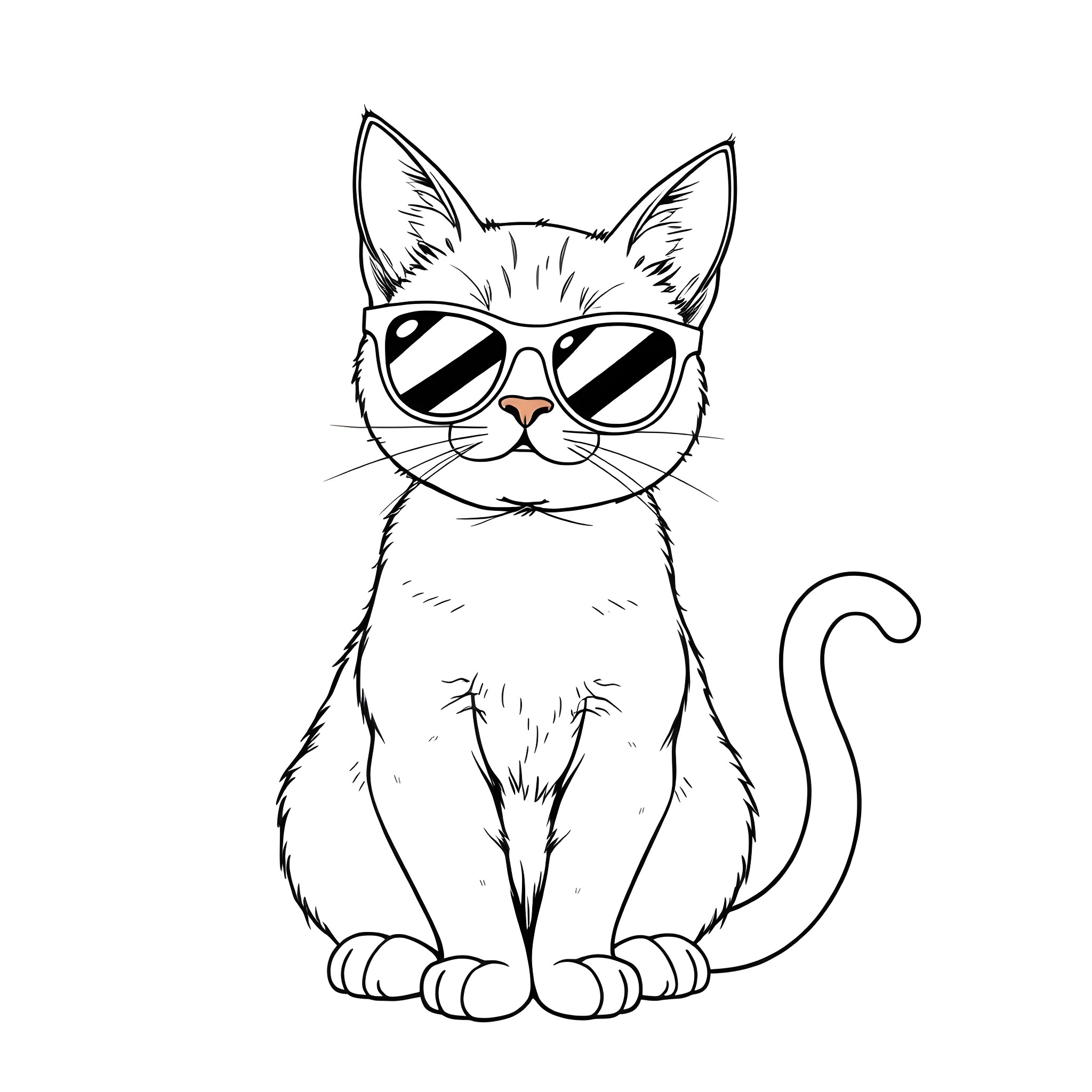 Cat wearing cool sunglasses Coloring Page (free black-and-white line drawing printable PDF for all, from beginners to advanced learners, including children, teens, adults, and seniors)