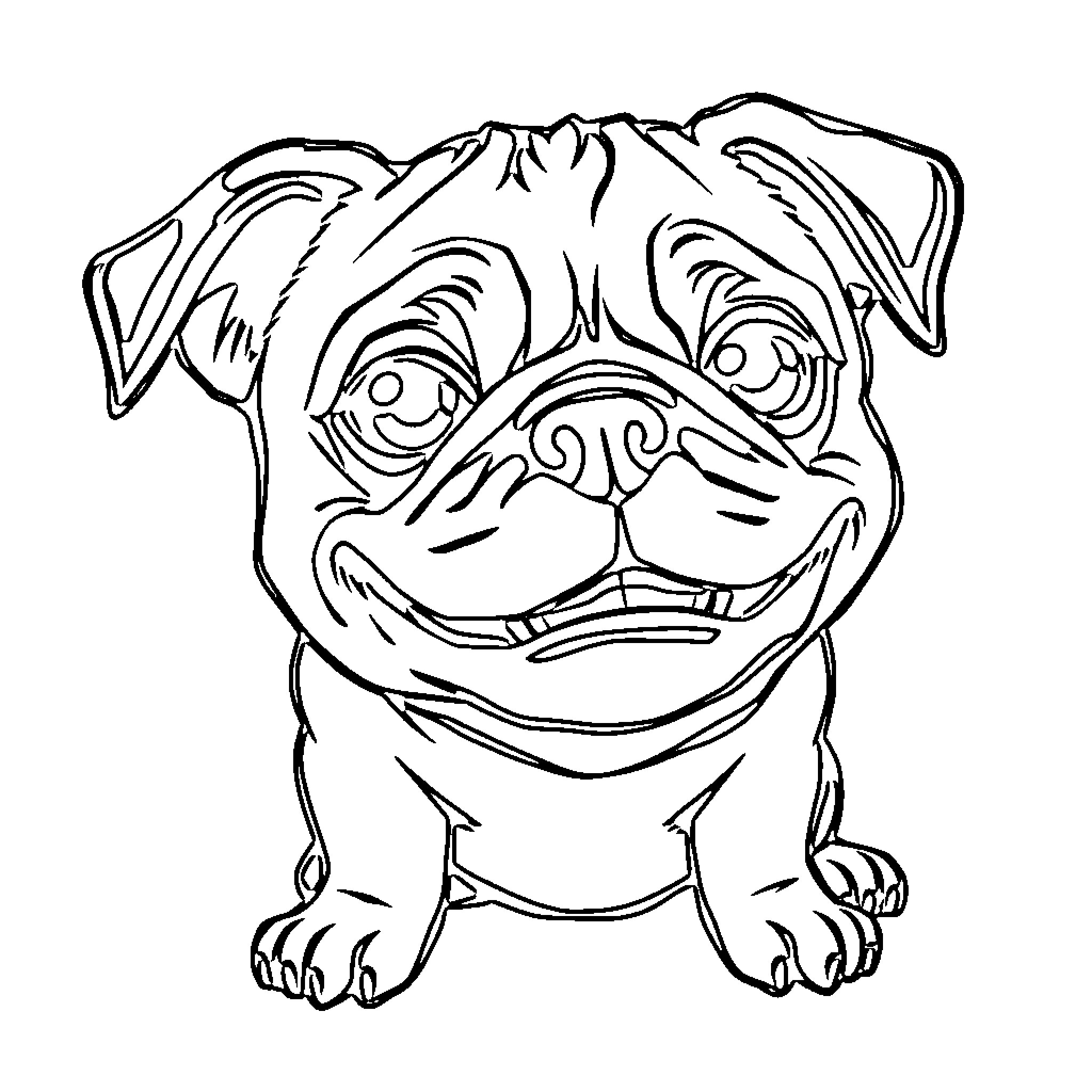 Pug making a silly face Coloring Page (free black-and-white line drawing printable PDF for all, from beginners to advanced learners, including children, teens, adults, and seniors)