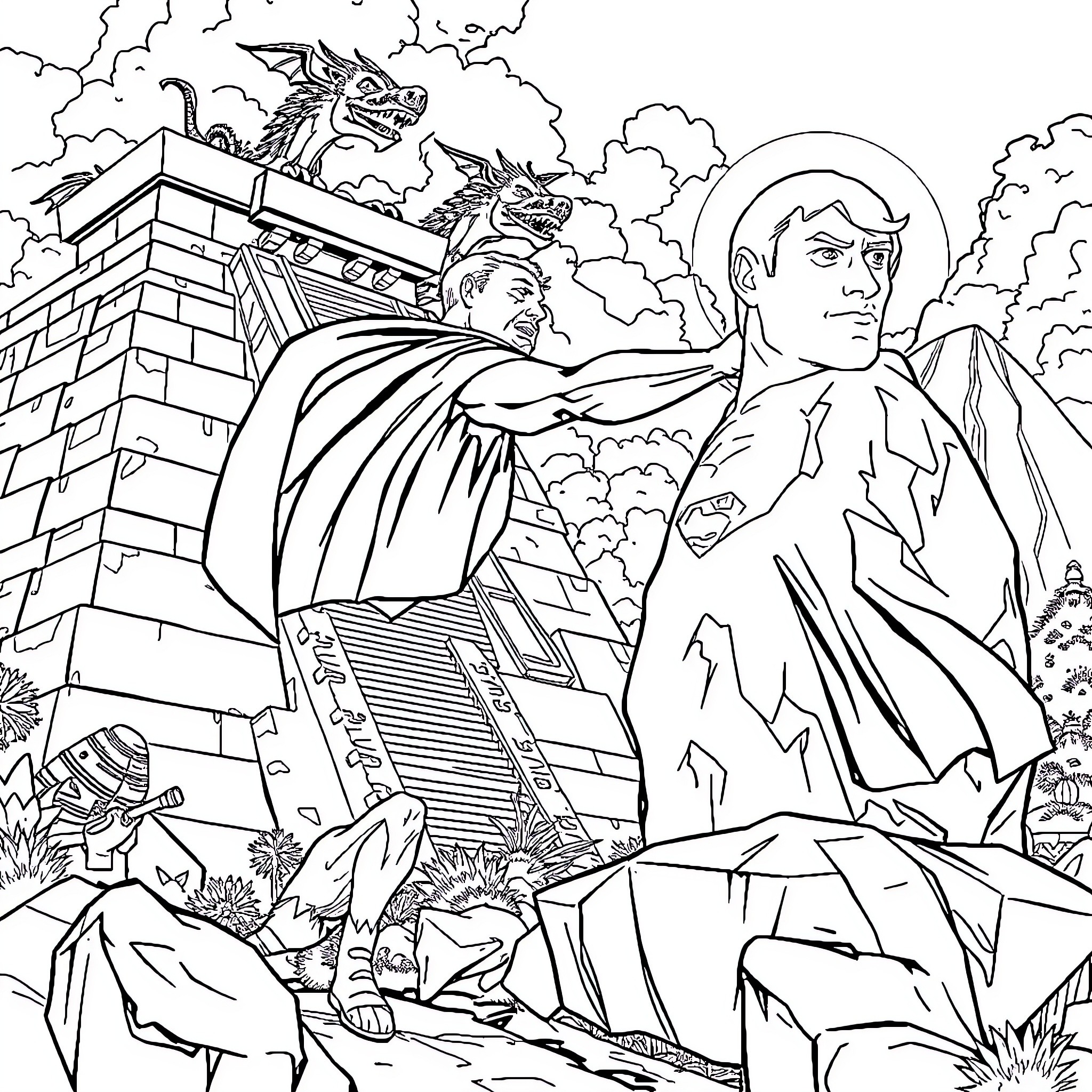 Superman battling fierce monsters on a cloudy day Coloring Page (free black-and-white line drawing printable PDF for all, from beginners to advanced learners, including children, teens, adults, and seniors)