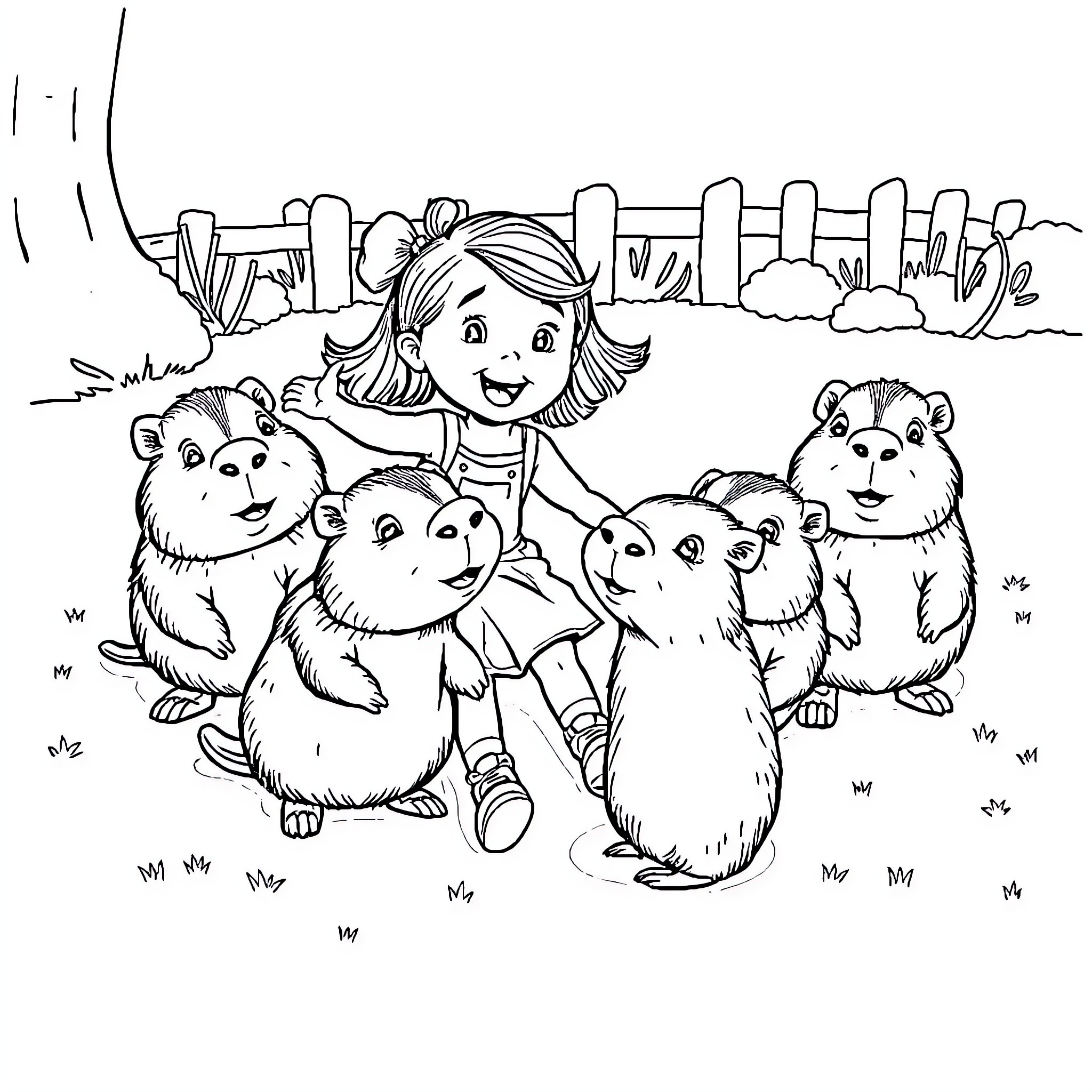 Girl enjoys playtime with adorable hamsters Coloring Page (free black-and-white line drawing printable PDF for all, from beginners to advanced learners, including children, teens, adults, and seniors)