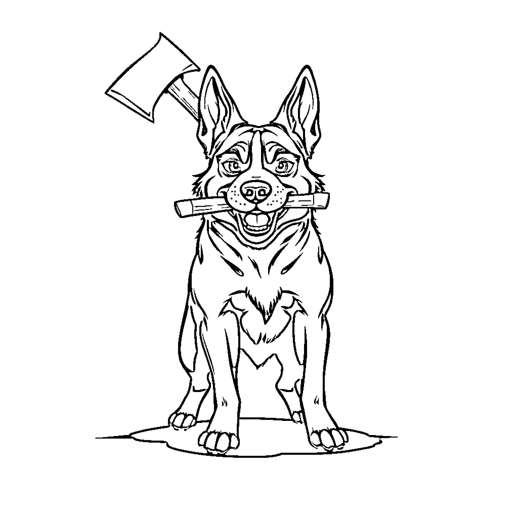Dog holding ax and looking excited Coloring Page (free black-and-white line drawing printable PDF for all, from beginners to advanced learners, including children, teens, adults, and seniors)