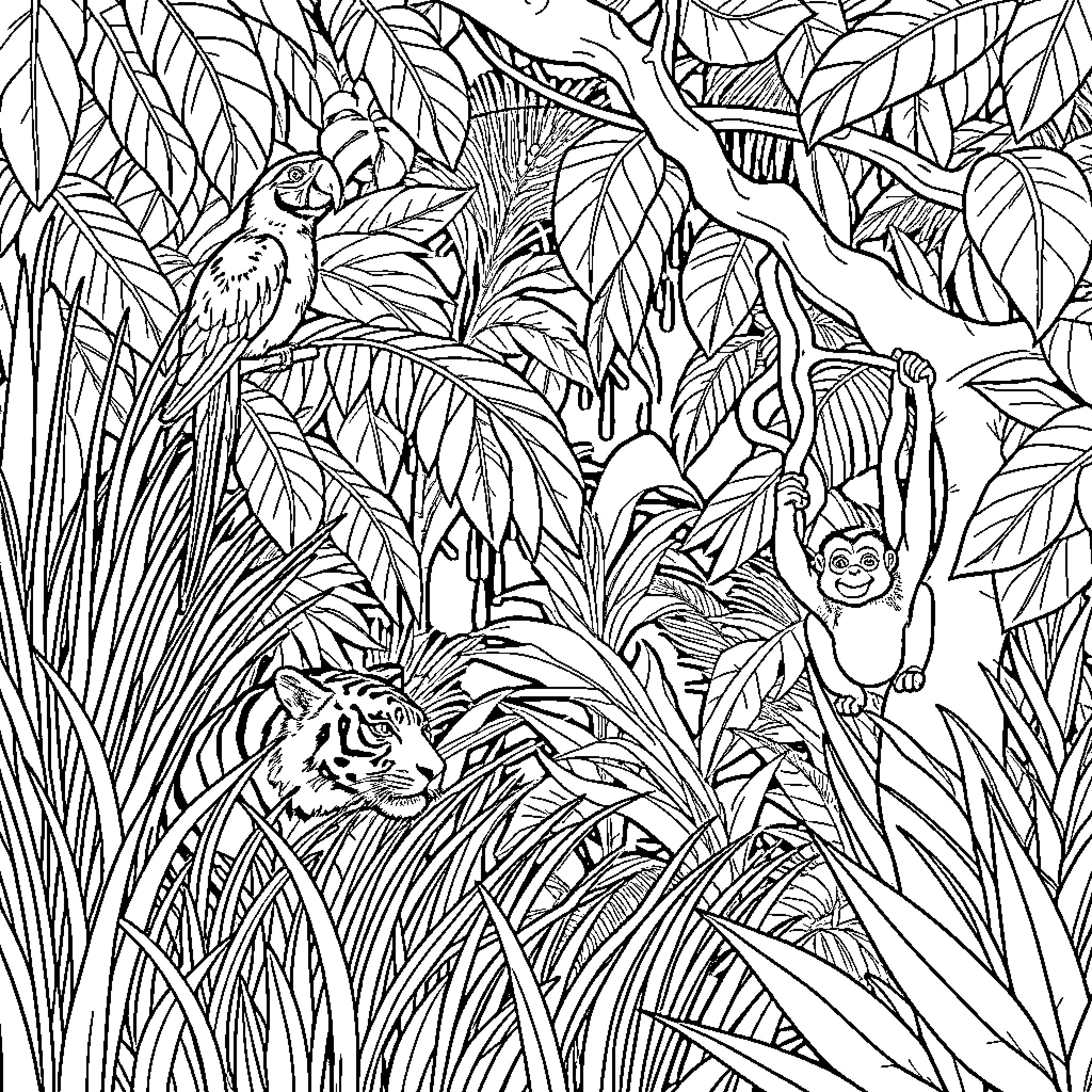 Tiger in the Jungle with Monkeys and Birds Coloring Page (free black-and-white line drawing printable PDF for all, from beginners to advanced learners, including children, teens, adults, and seniors)