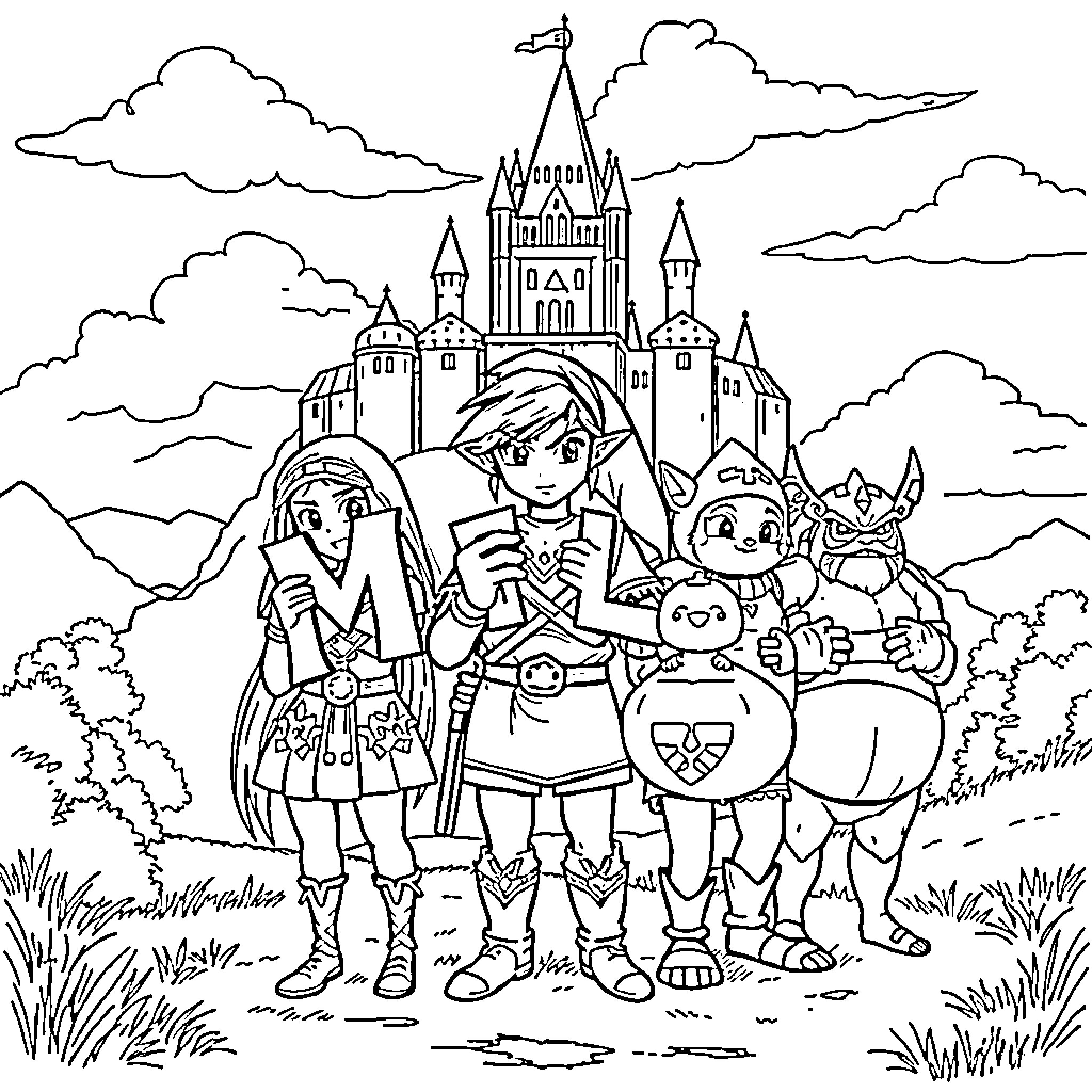 Zelda and companions on an adventure near the castle Coloring Page (free black-and-white line drawing printable PDF for all, from beginners to advanced learners, including children, teens, adults, and seniors)