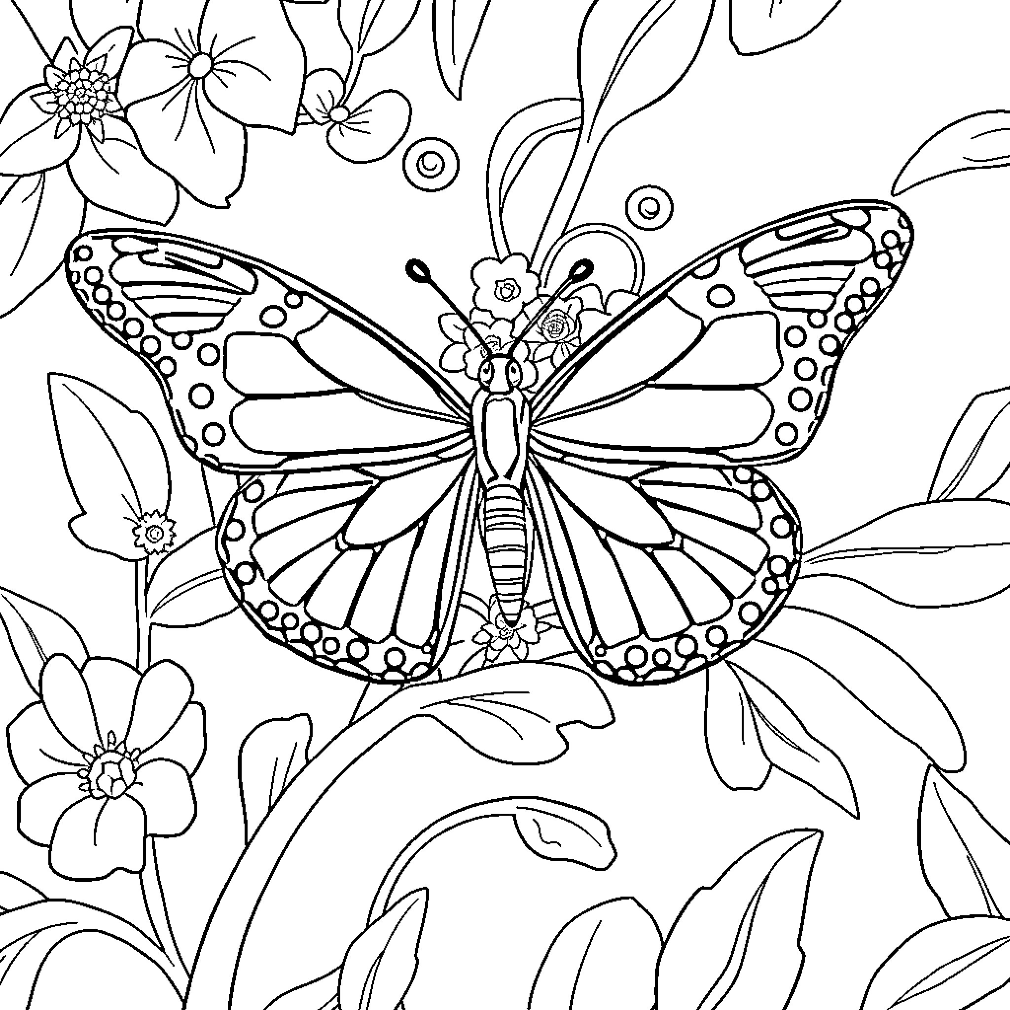 Gitanas Nauseda surrounded by butterflies and flowers Coloring Page (free black-and-white line drawing printable PDF for all, from beginners to advanced learners, including children, teens, adults, and seniors)