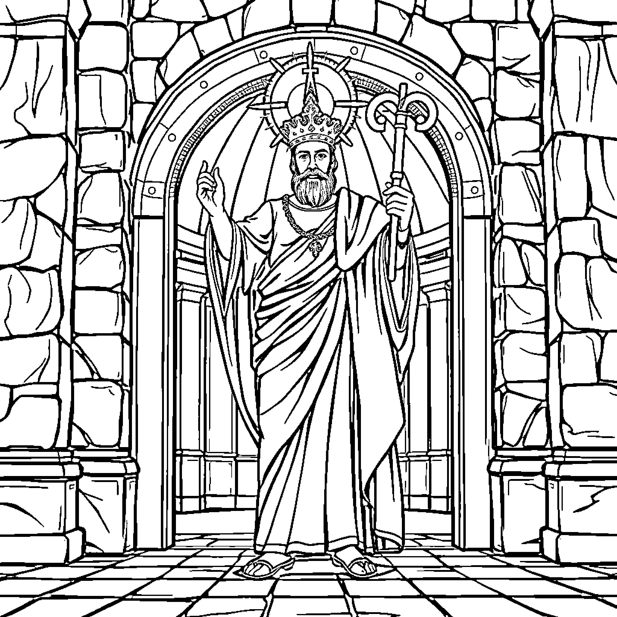 St Peter in Formal Attire, Holding Keys in Archway Coloring Page (free black-and-white line drawing printable PDF for all, from beginners to advanced learners, including children, teens, adults, and seniors)