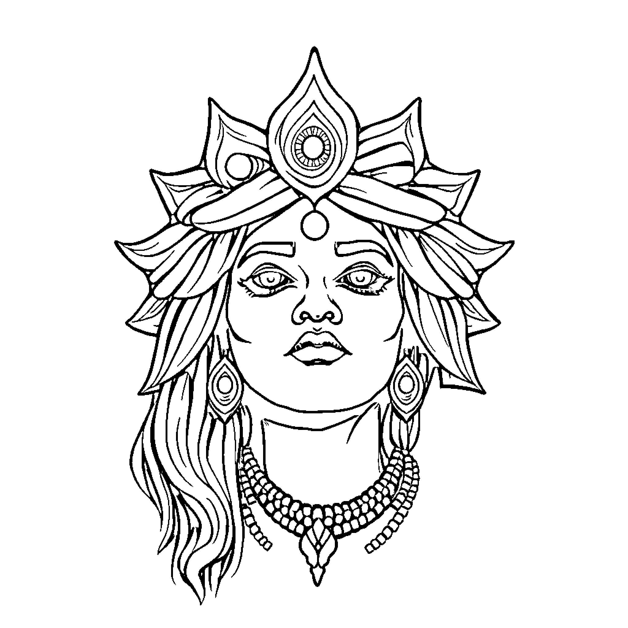 Elephant-like deity with ornate headdress and jewelry Coloring Page (free black-and-white line drawing printable PDF for all, from beginners to advanced learners, including children, teens, adults, and seniors)
