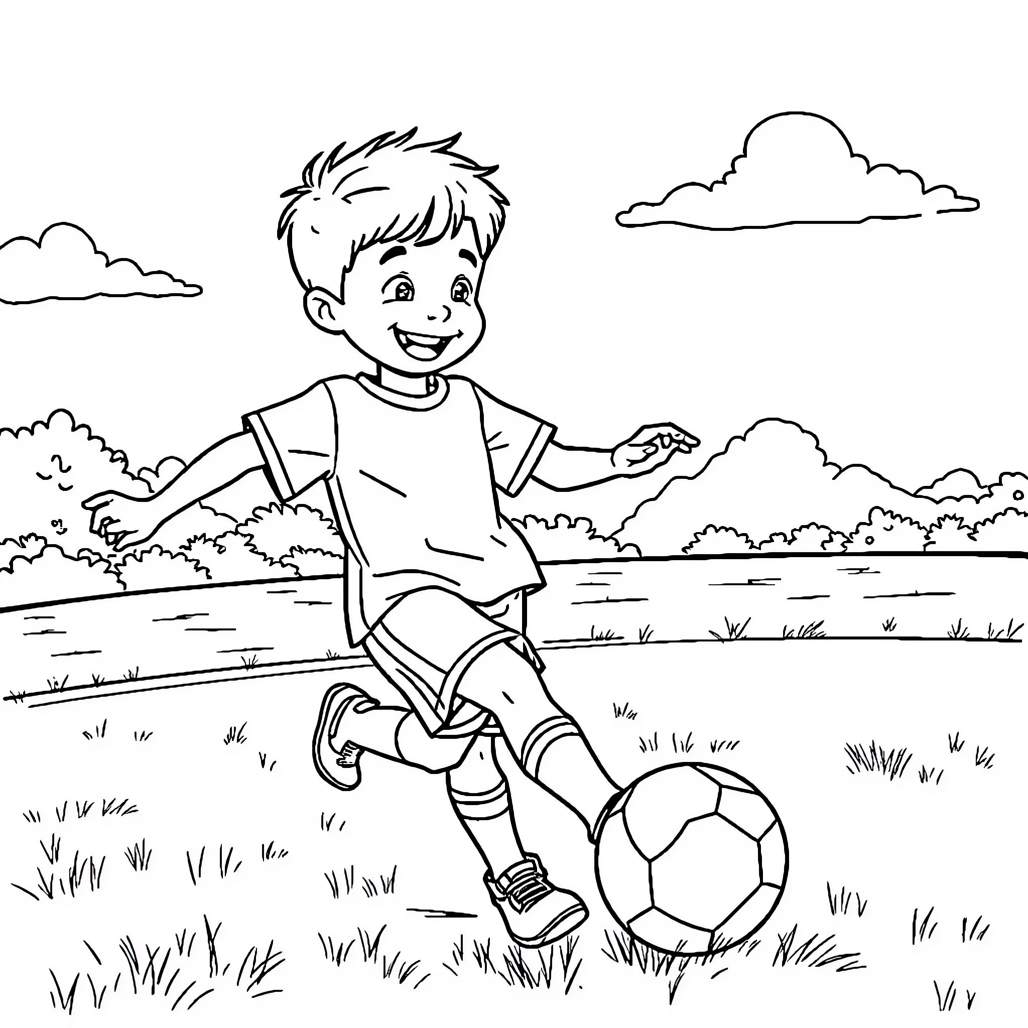 Boy playing with soccer ball in the park Coloring Page (free black-and-white line drawing printable PDF for all, from beginners to advanced learners, including children, teens, adults, and seniors)
