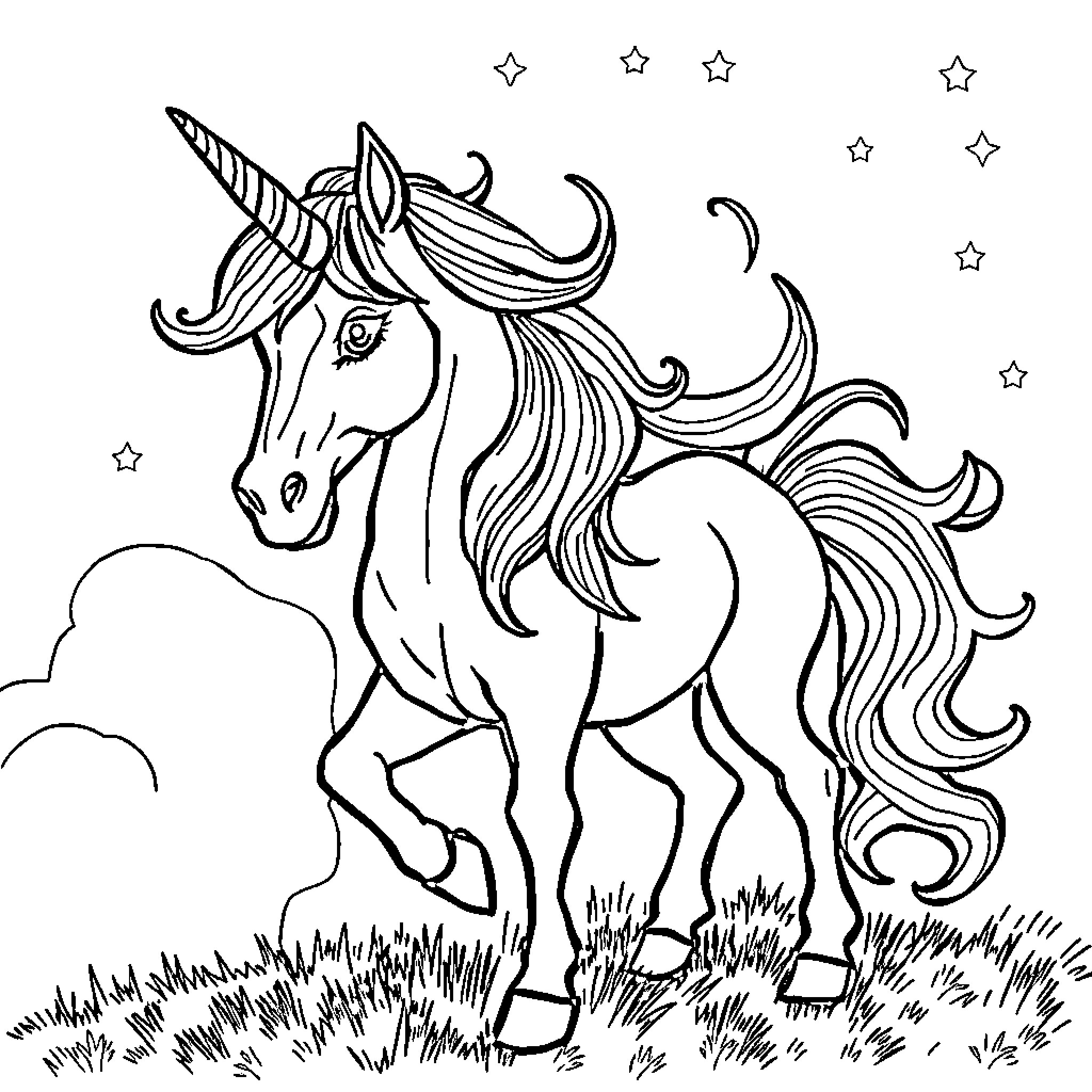 Unicorn with Flowing Mane and Horn Galloping Through Starry Meadow Coloring Page (free black-and-white line drawing printable PDF for all, from beginners to advanced learners, including children, teens, adults, and seniors)