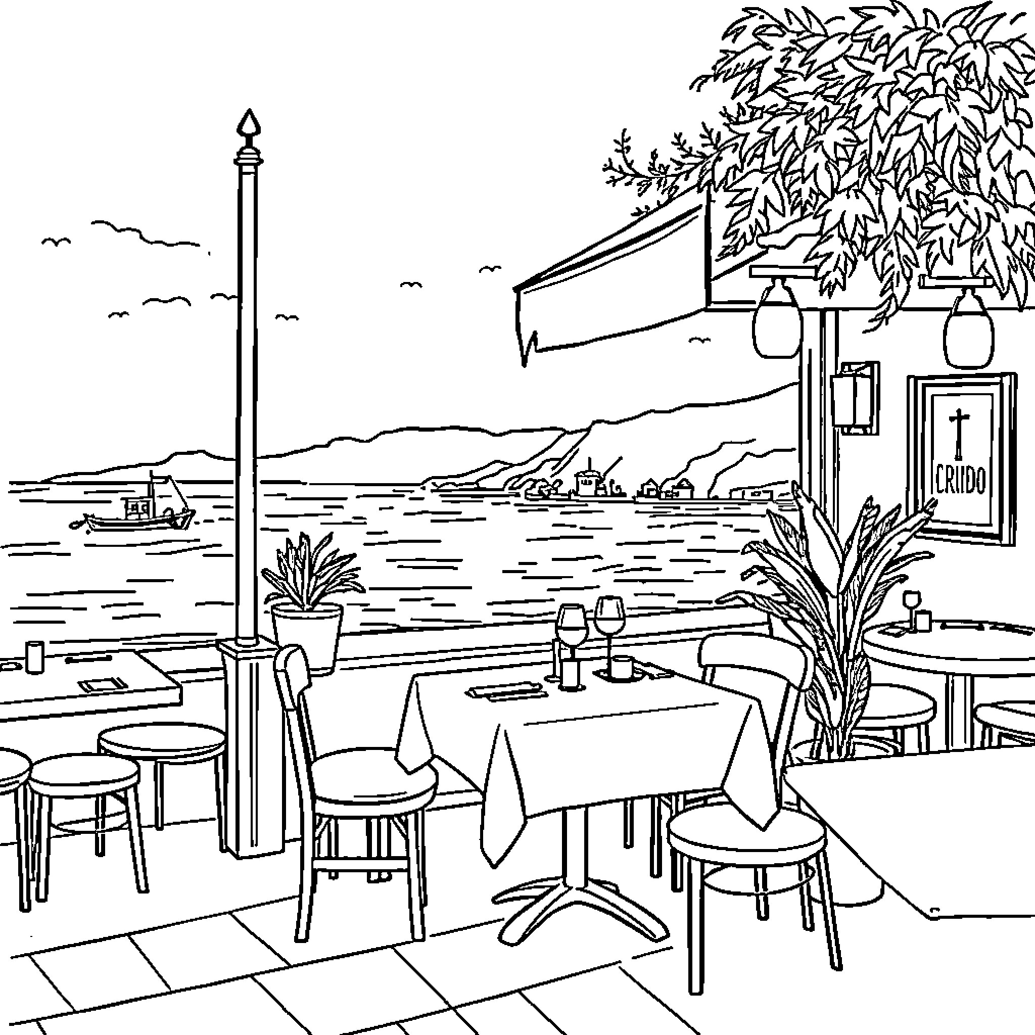 Restaurant Overlooking the Waterfront Coloring Page (free black-and-white line drawing printable PDF for all, from beginners to advanced learners, including children, teens, adults, and seniors)