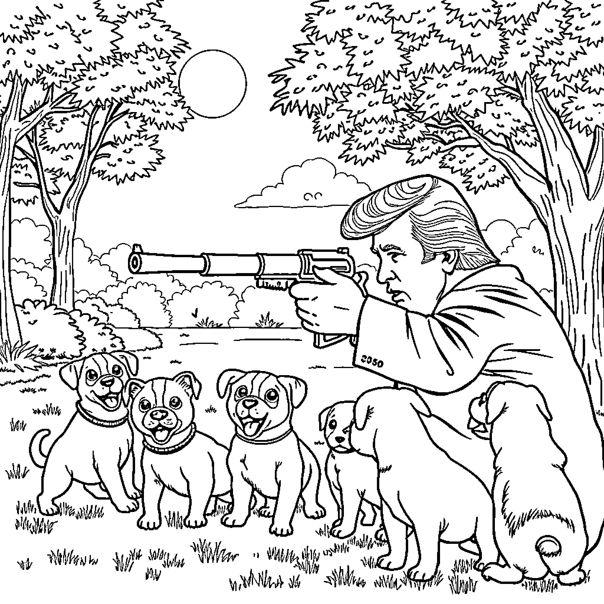 Donald Trump observes his dogs in the forest Coloring Page (free black-and-white line drawing printable PDF for all, from beginners to advanced learners, including children, teens, adults, and seniors)